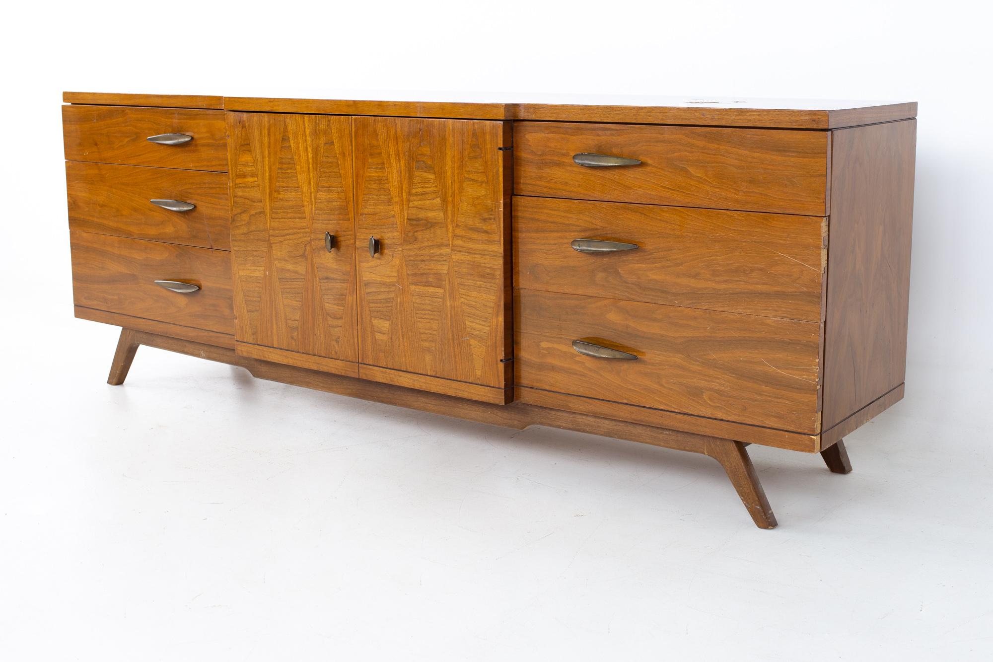 Lane Harlequin Mid Century inlaid walnut 9 drawer lowboy dresser
Dresser measures: 80.5 wide x 17.5 deep x 30 inches high

All pieces of furniture can be had in what we call restored vintage condition. That means the piece is restored upon