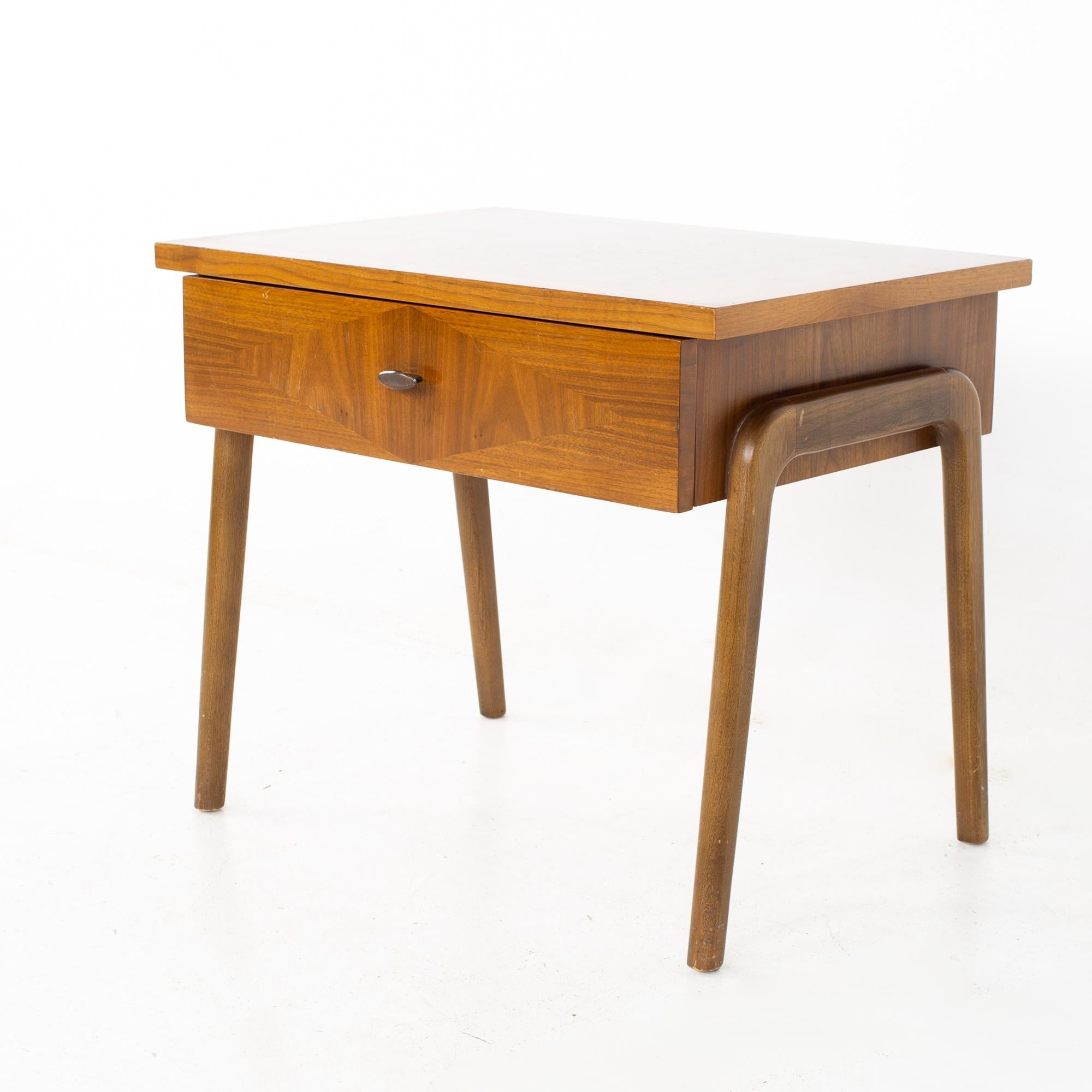 Lane Harlequin mid century inlaid walnut side table nightstand
Nightstand measures: 24 wide x 17 deep x 20.25 inches high

All pieces of furniture can be had in what we call restored vintage condition. That means the piece is restored upon