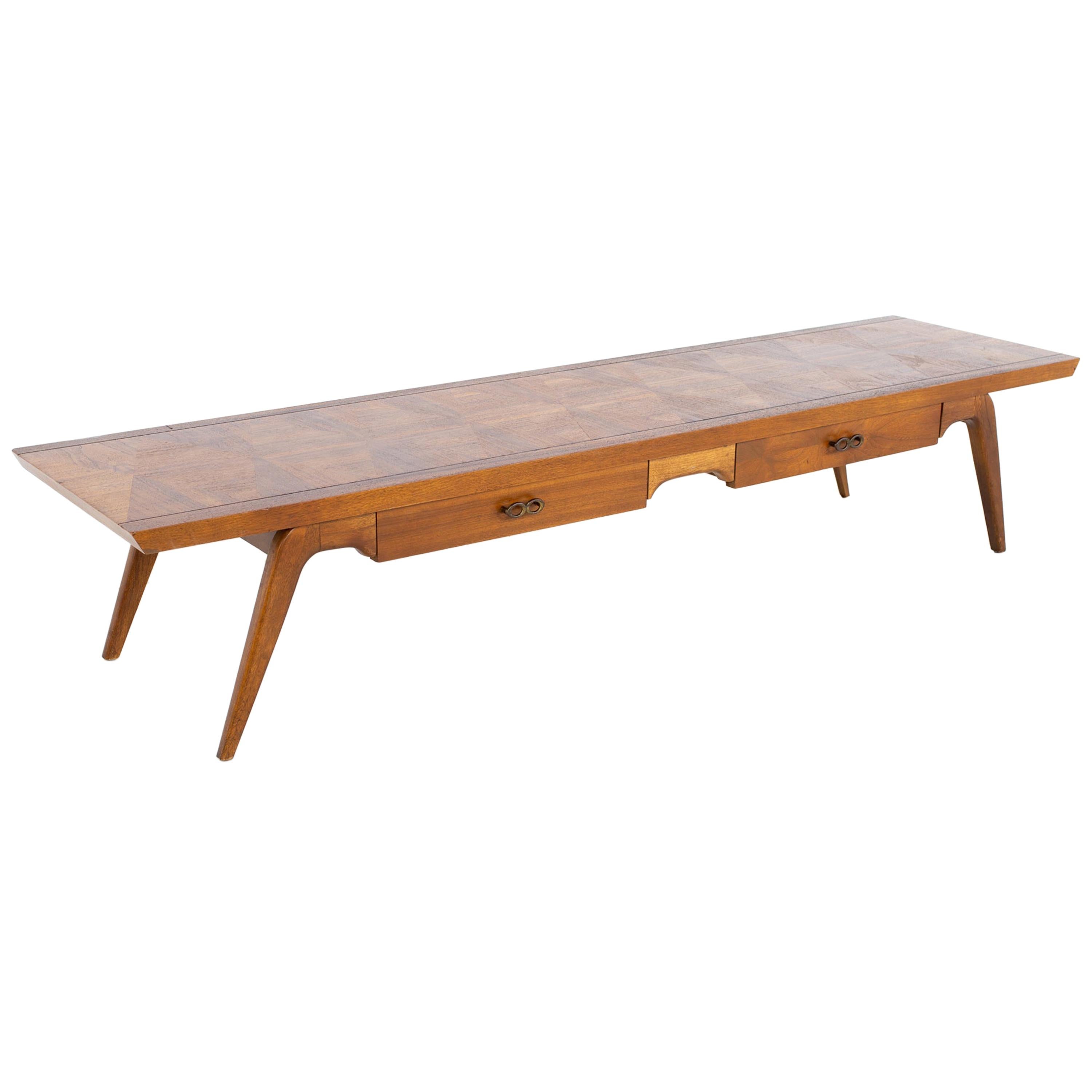 Lane Harlequin Mid Century Long Walnut and Brass Coffee Table