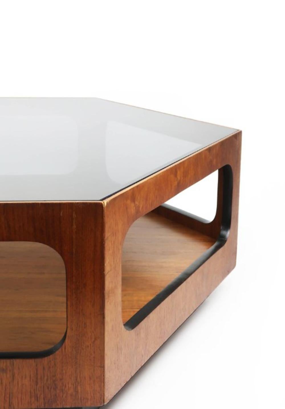 Mid-Century Modern Lane Hexagonal Coffee Table Walnut & Smoked Glass Top Mid Century Modern For Sale