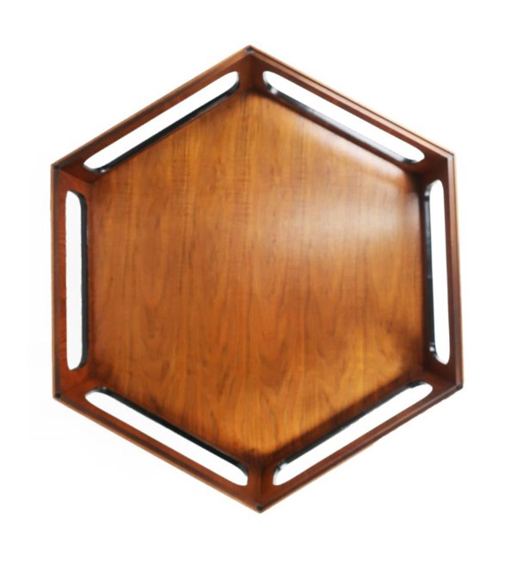 Lane Hexagonal Coffee Table Walnut & Smoked Glass Top Mid Century Modern In Good Condition For Sale In Philadelphia, PA