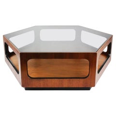 Lane Hexagonal Coffee Table Walnut & Smoked Glass Top Mid Century Modern