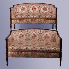 Lane Hickory Pair Sheraton Style Inlaid & Upholstered Settees Circa 1920’s
