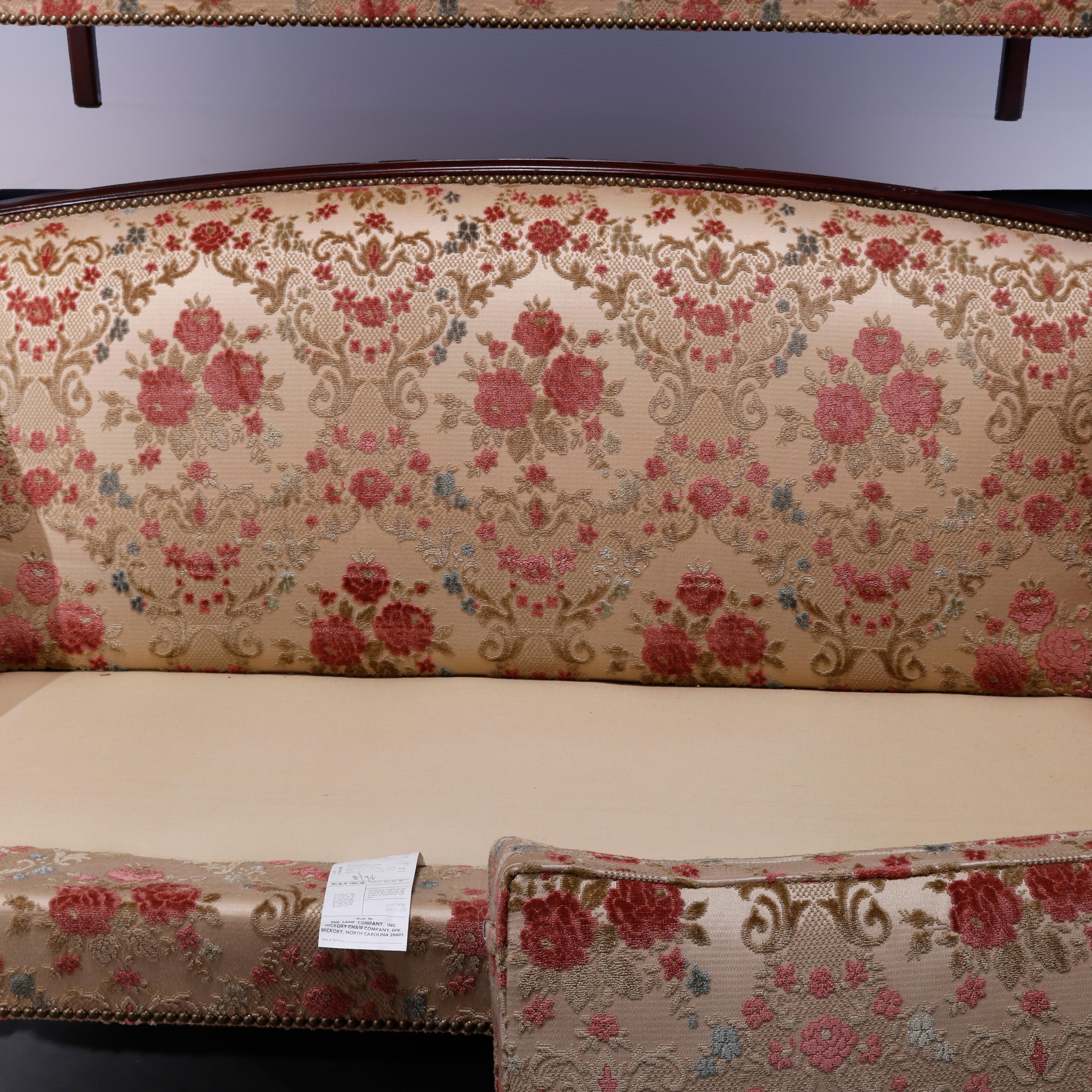 Lane Hickory Pair Sheraton Style Inlaid & Upholstered Settees Circa 1920’s In Good Condition In Big Flats, NY