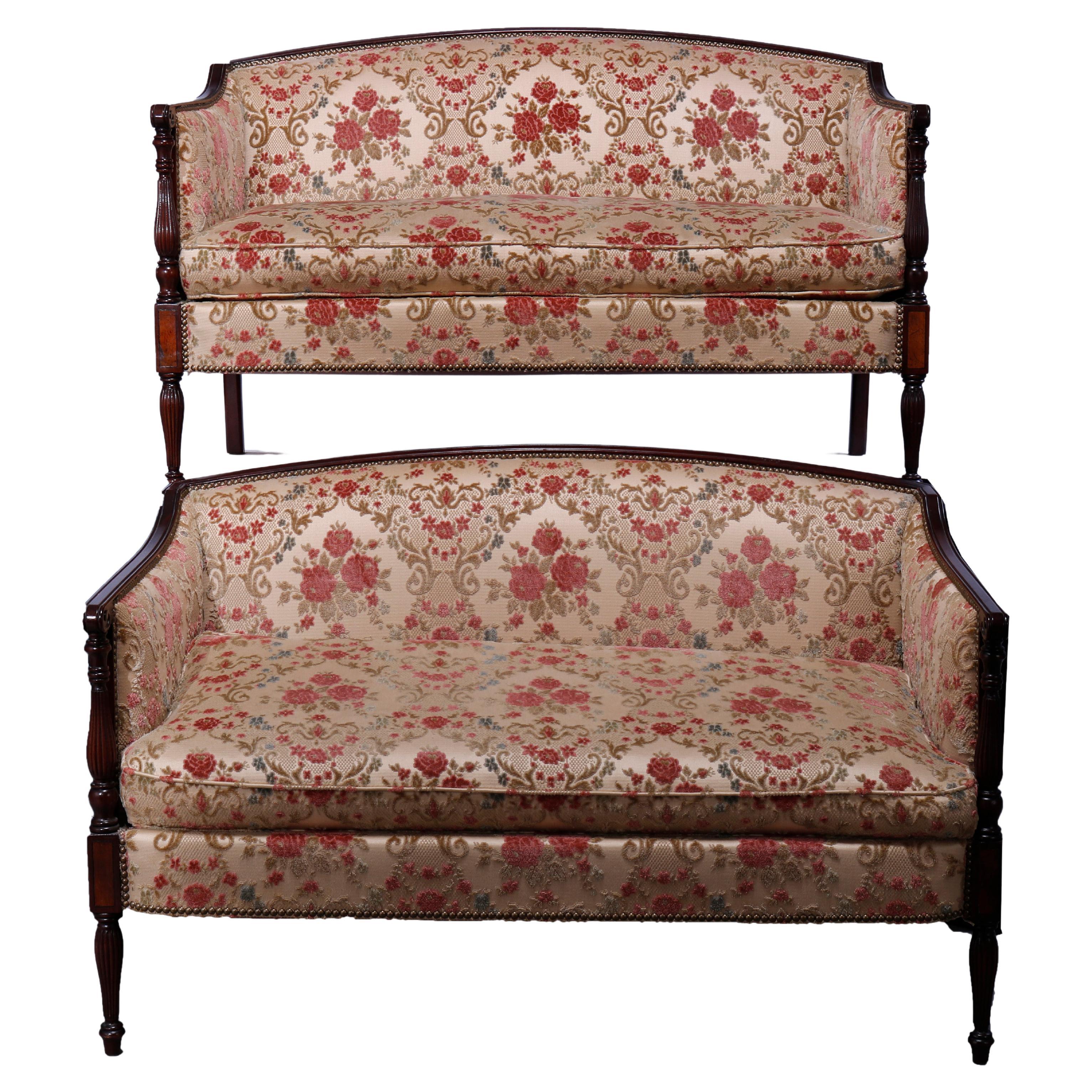 Lane Hickory Pair Sheraton Style Inlaid & Upholstered Settees Circa 1920’s
