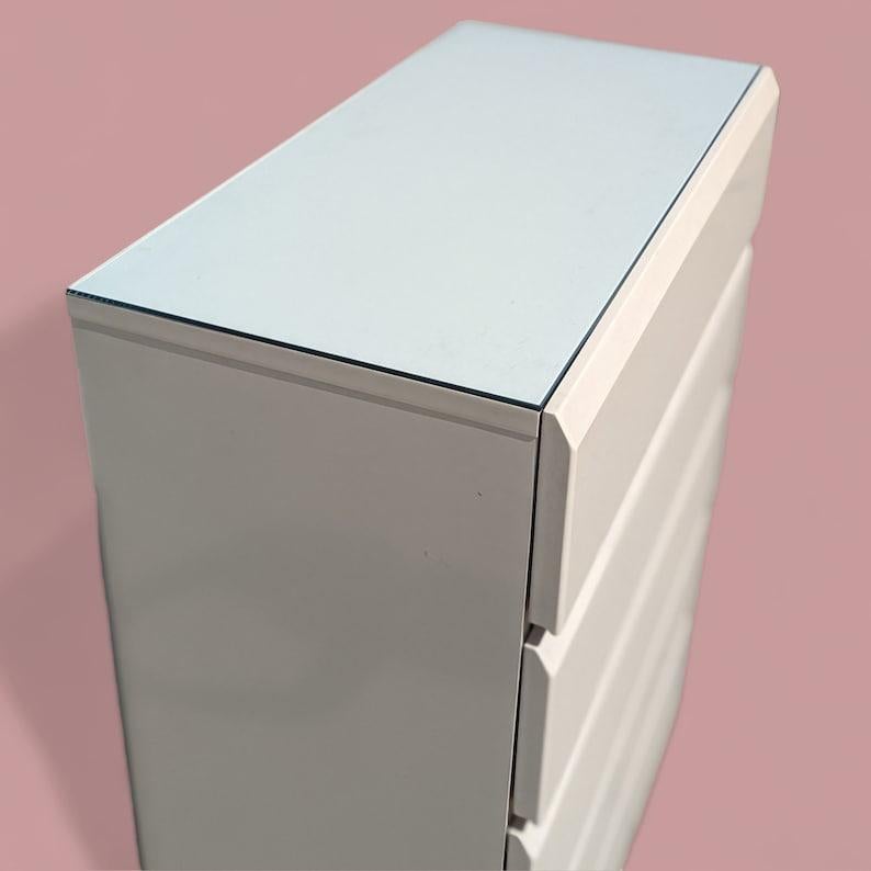 Post-Modern Lane Highboy Dresser, Off White Laminate, Postmodern, Glass Top, Retro For Sale