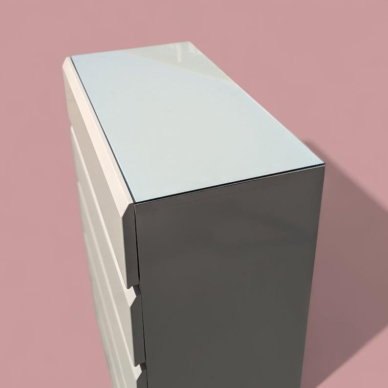 Unknown Lane Highboy Dresser, Off White Laminate, Postmodern, Glass Top, Retro For Sale