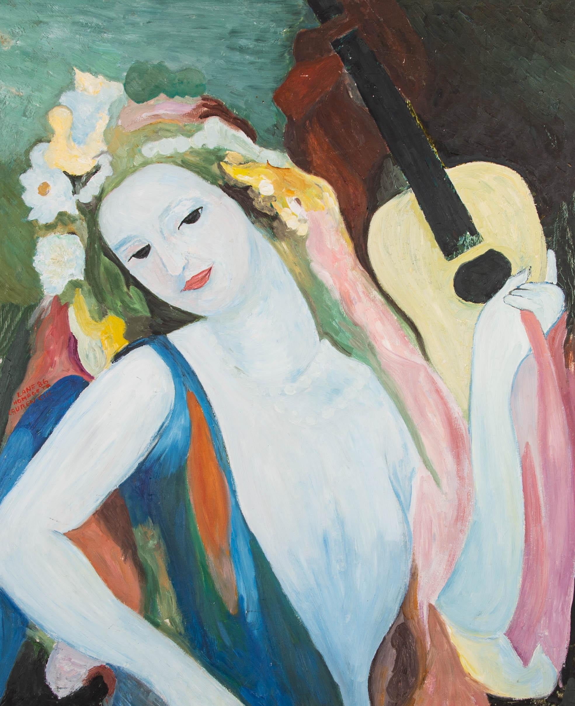 Un ritratto lirico ed elegante con elementi di colore e forma fauve. Una bella donna giovane, con fiori tra i capelli e un vestito e un velo vivaci, posa elegantemente davanti a una chitarra. L'artista ha scritto 