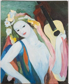 Vintage "Lane" in the Manner of Marie Laurencin - 1986 Oil, Flower Maiden With Guitar