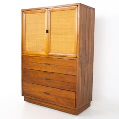 Lane MCM Walnut and Cane Plinth Base Armoire Gentleman's Chest Highboy Dresser