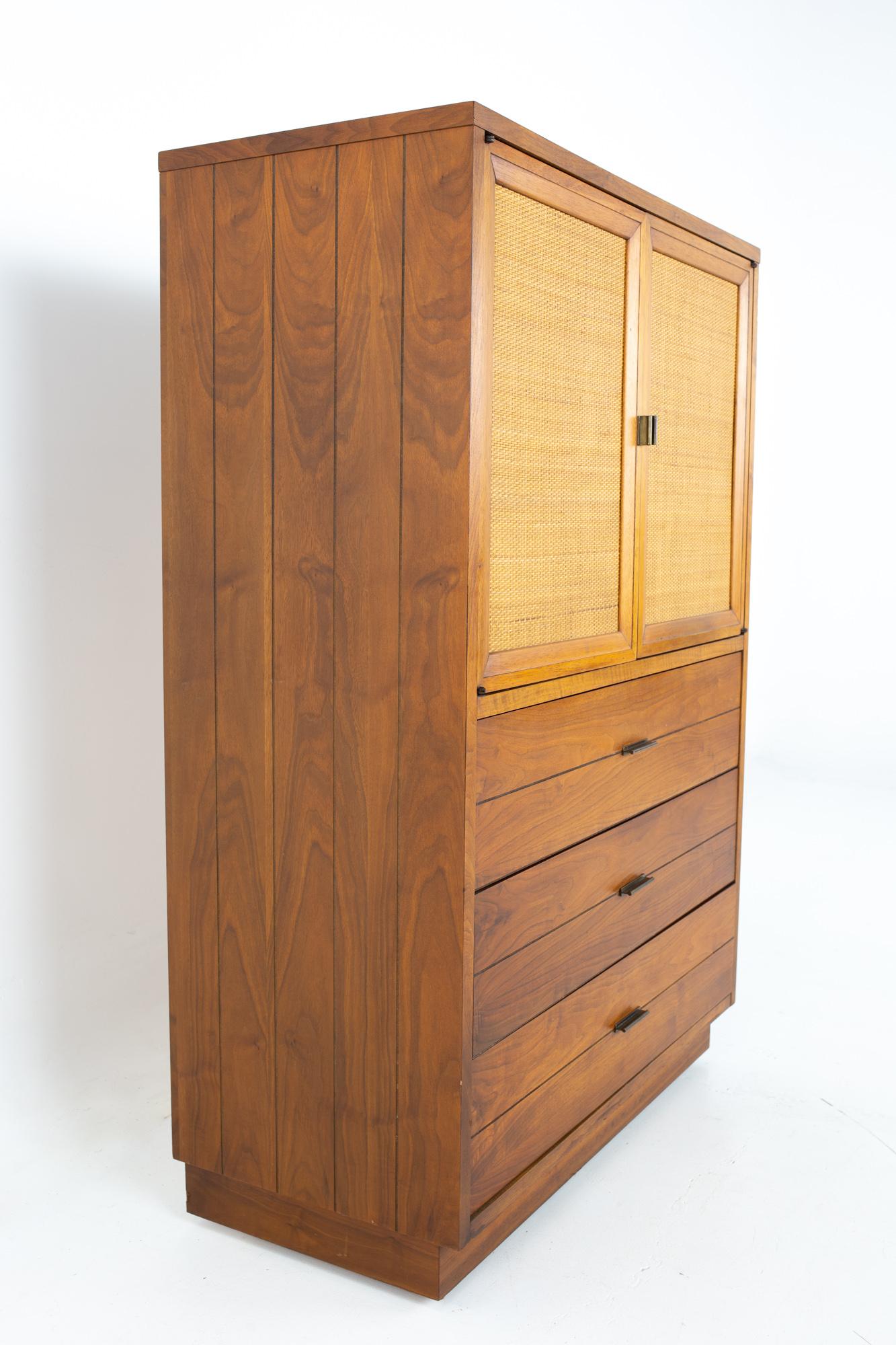 Mid-Century Modern Lane MCM Walnut and Cane Plinth Base Armoire Gentleman's Chest Highboy Dresser