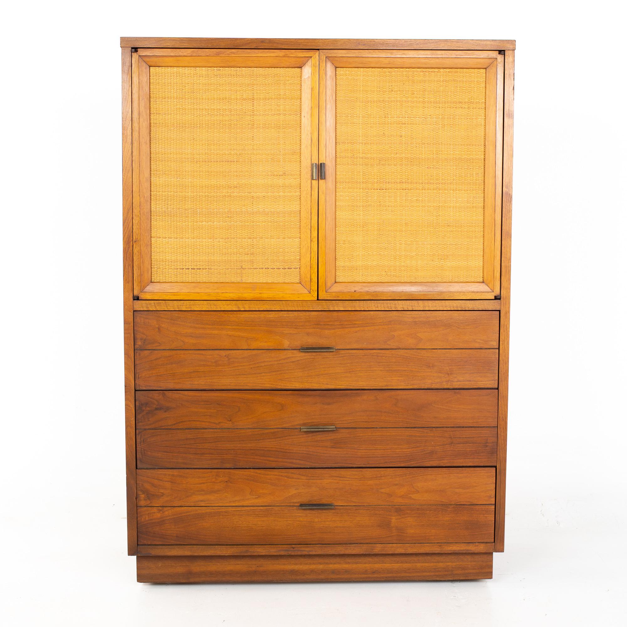 Lane MCM Walnut and Cane Plinth Base Armoire Gentleman's Chest Highboy Dresser In Good Condition In Countryside, IL