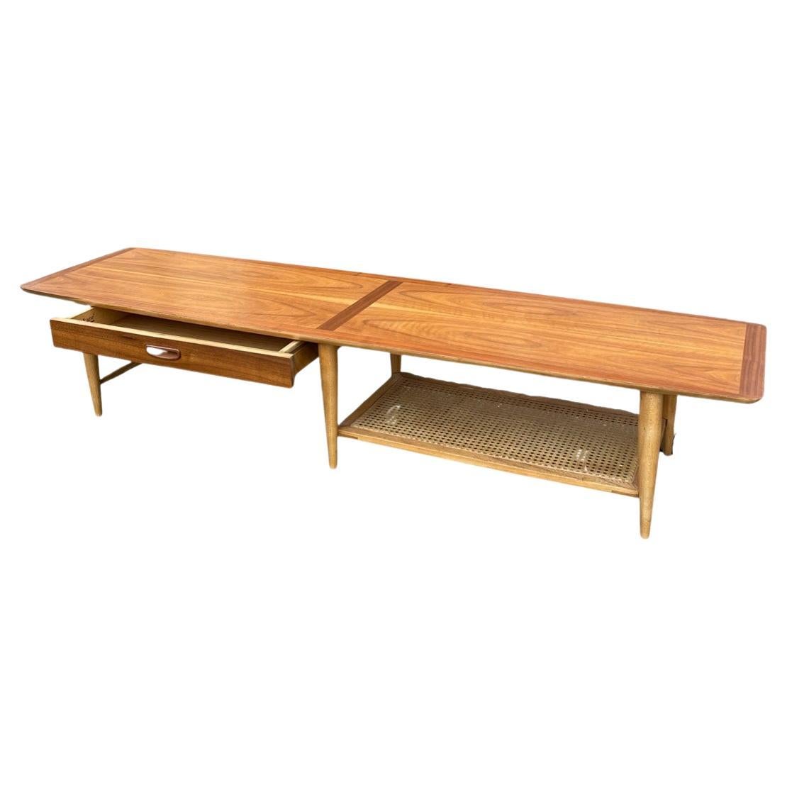 Lane MCM Walnut & Cane 1-Drawer Coffee Table For Sale