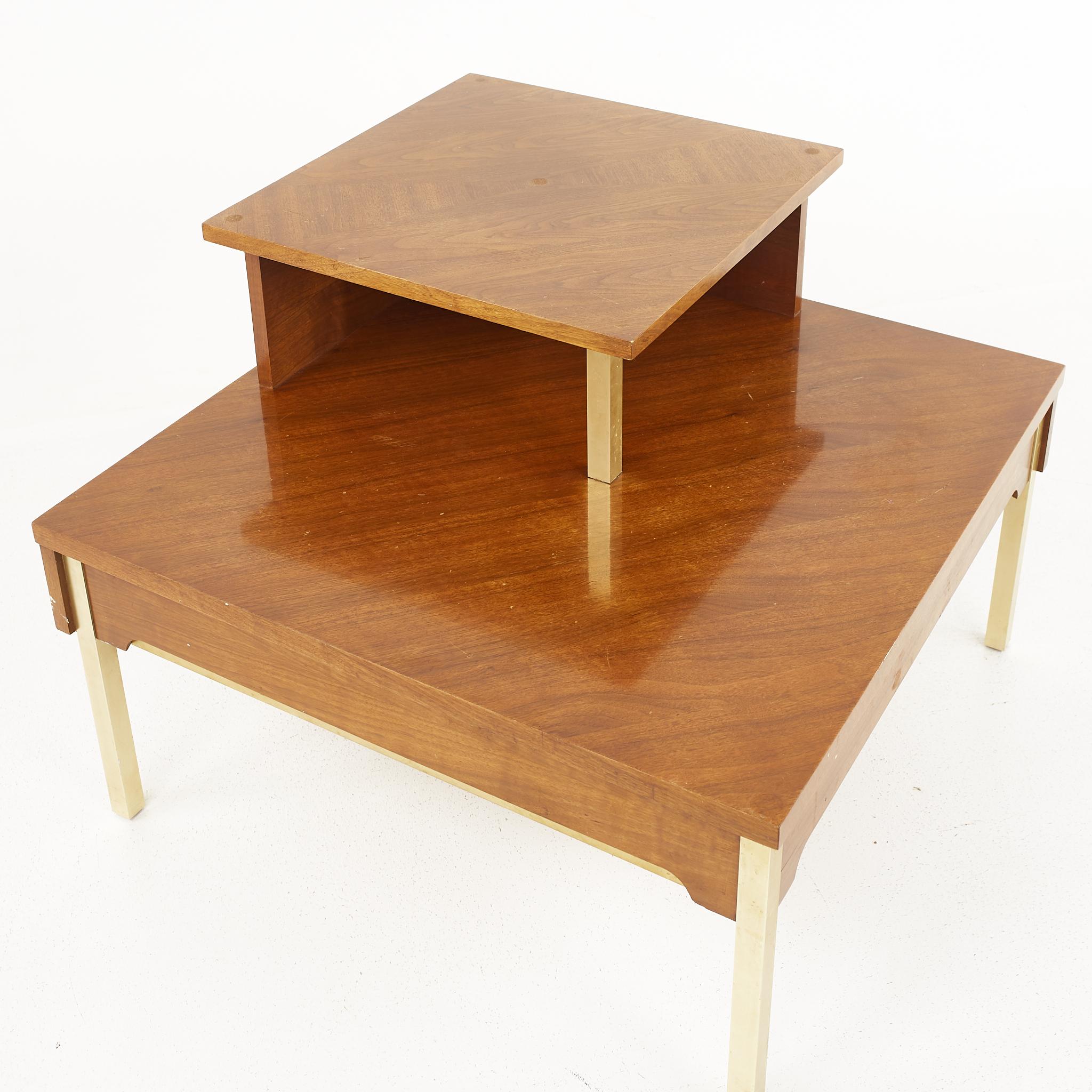 Lane Mid Century 2 Tier Brass Accent and Walnut Corner Table 4