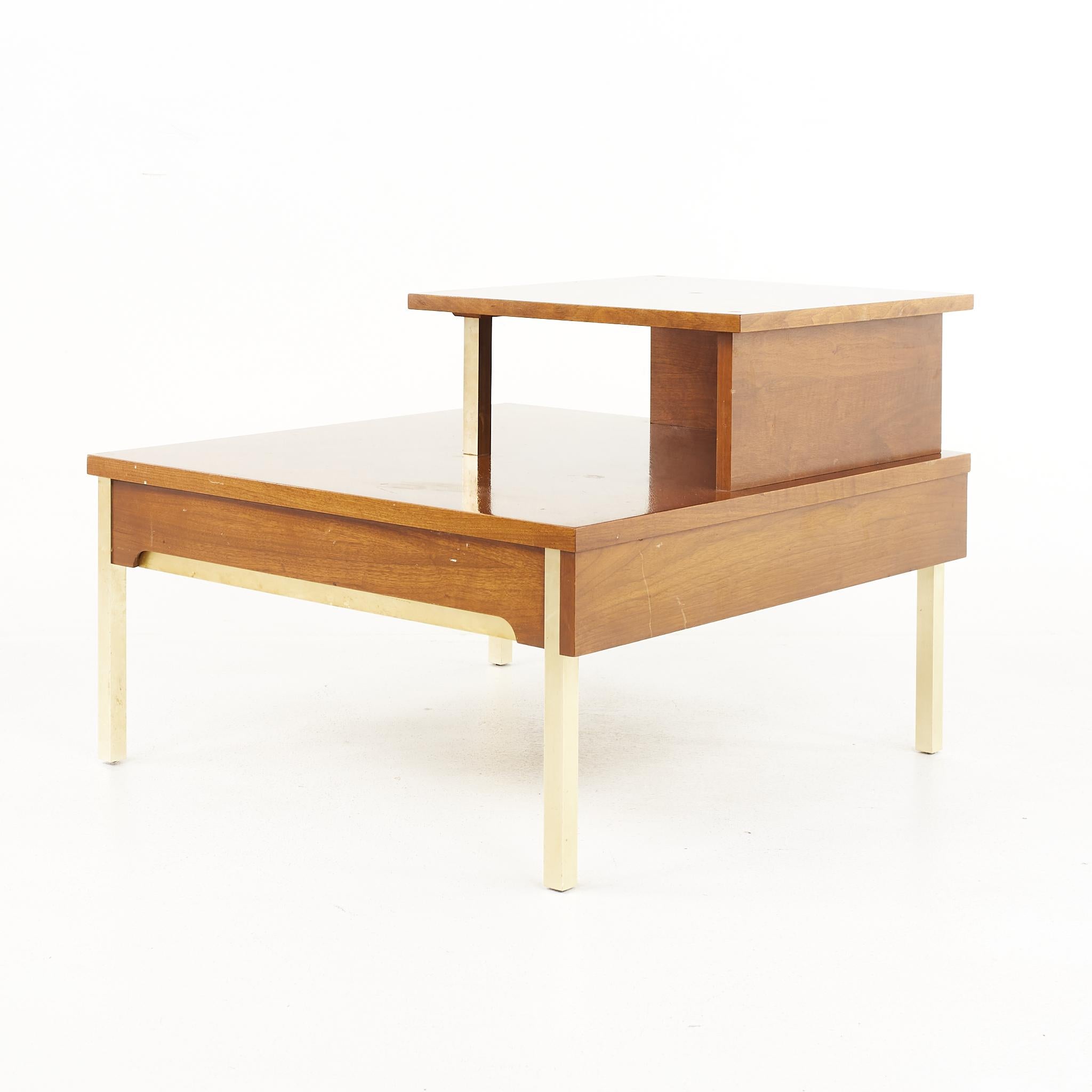 Mid-Century Modern Lane Mid Century 2 Tier Brass Accent and Walnut Corner Table