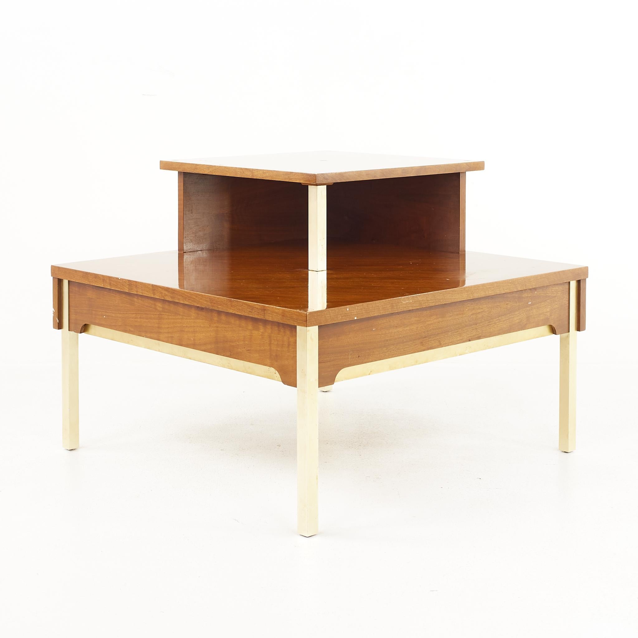 American Lane Mid Century 2 Tier Brass Accent and Walnut Corner Table