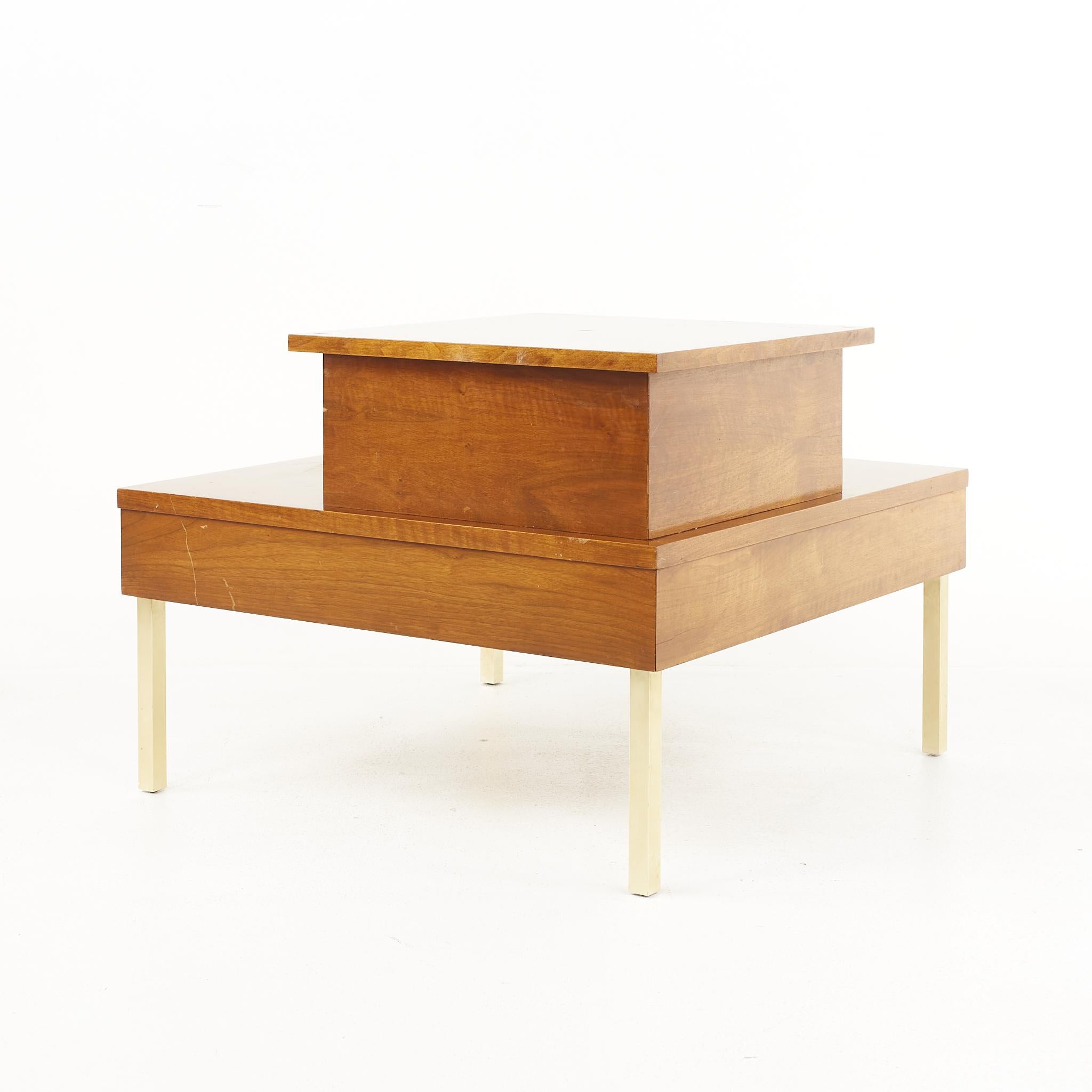 Late 20th Century Lane Mid Century 2 Tier Brass Accent and Walnut Corner Table