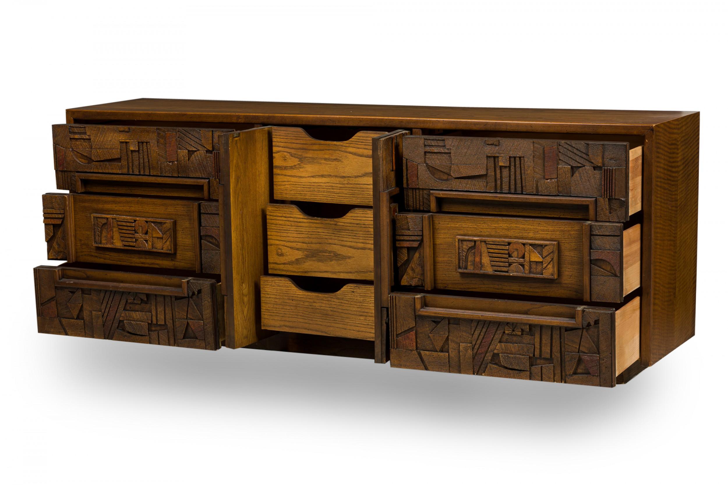 Wood Lane Mid-Century American Modern Brutalist Carved Front Credenza / Sideboard For Sale