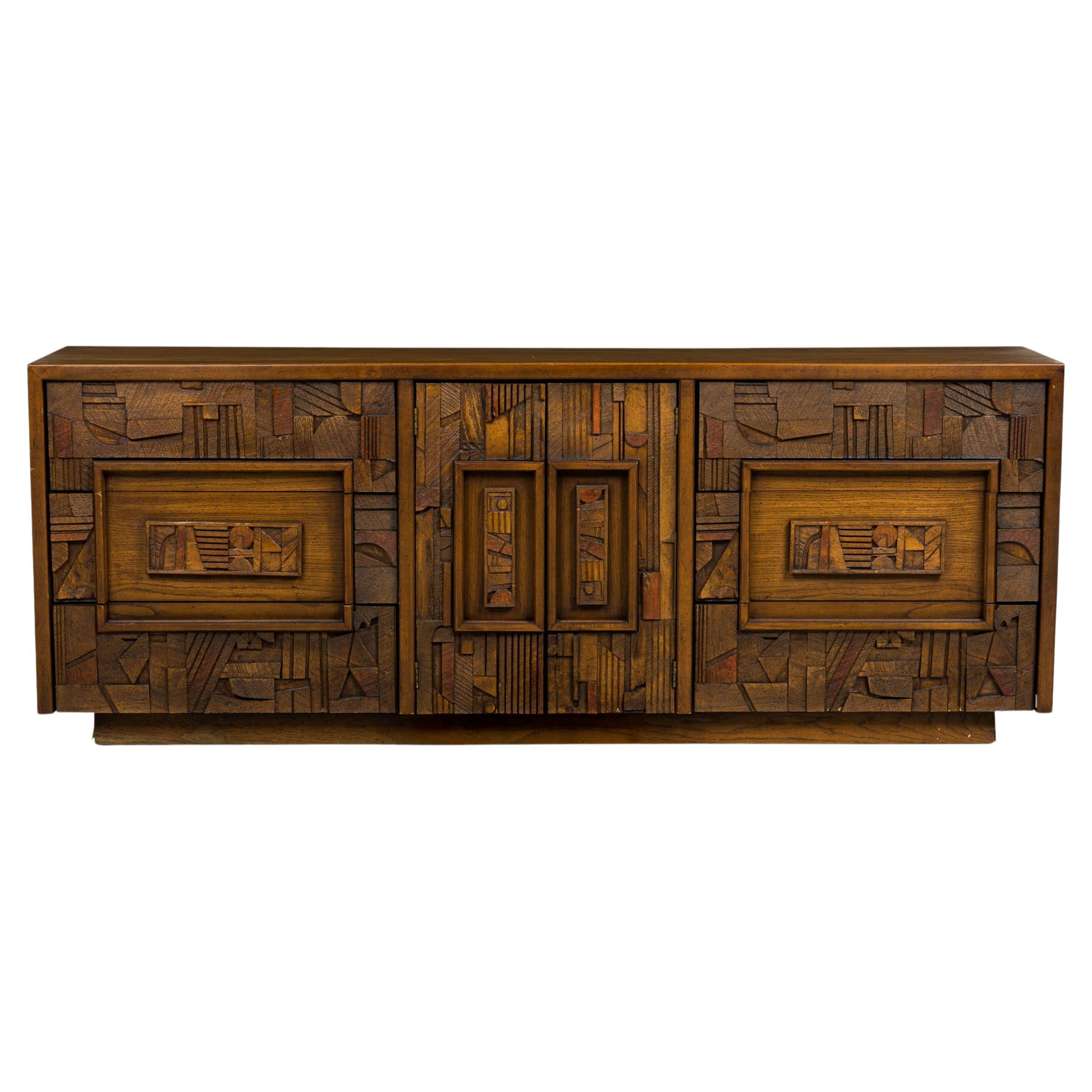 Lane Mid-Century American Modern Brutalist Carved Front Credenza / Sideboard