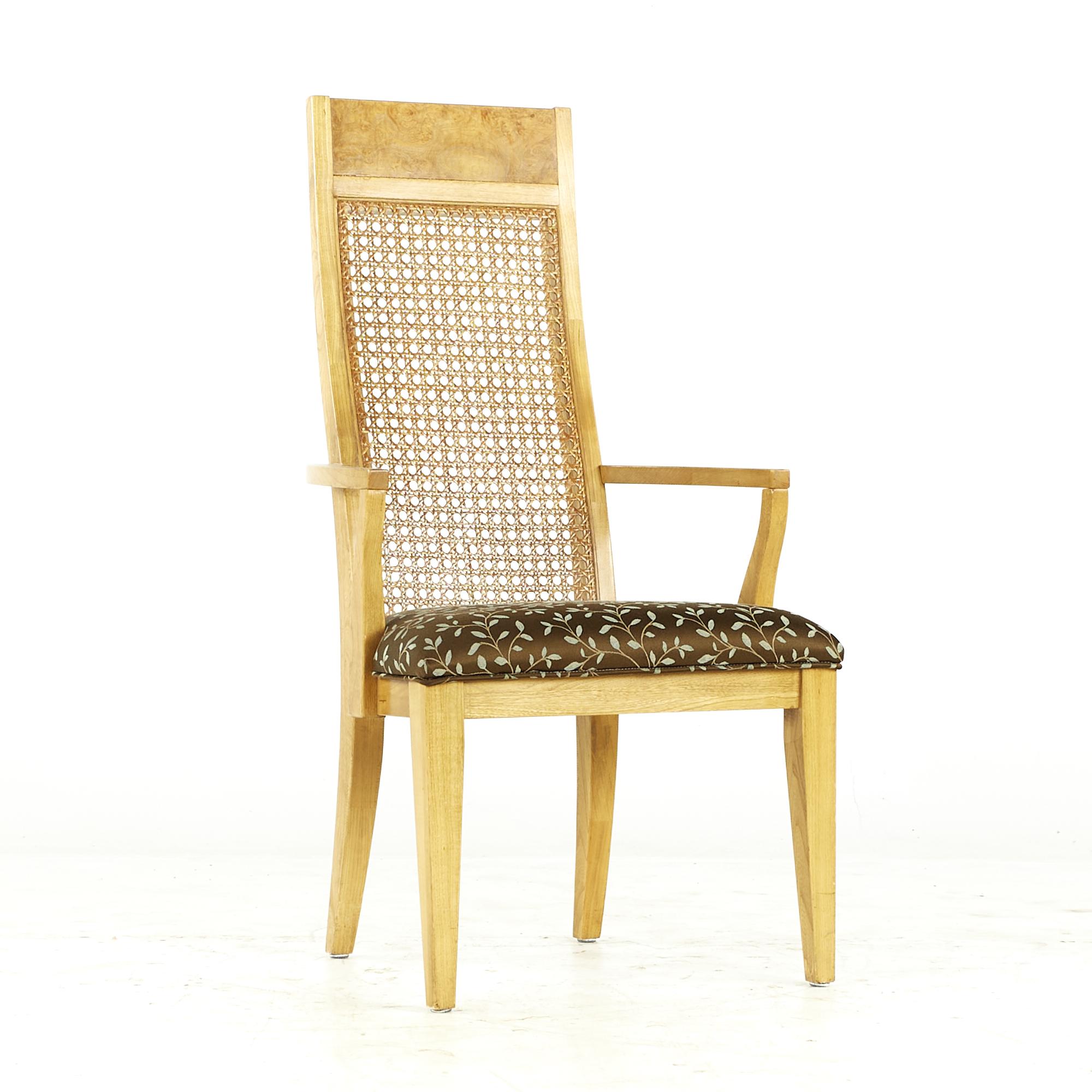 American Lane Midcentury Burlwood and Cane Dining Chairs, Set of 6 For Sale