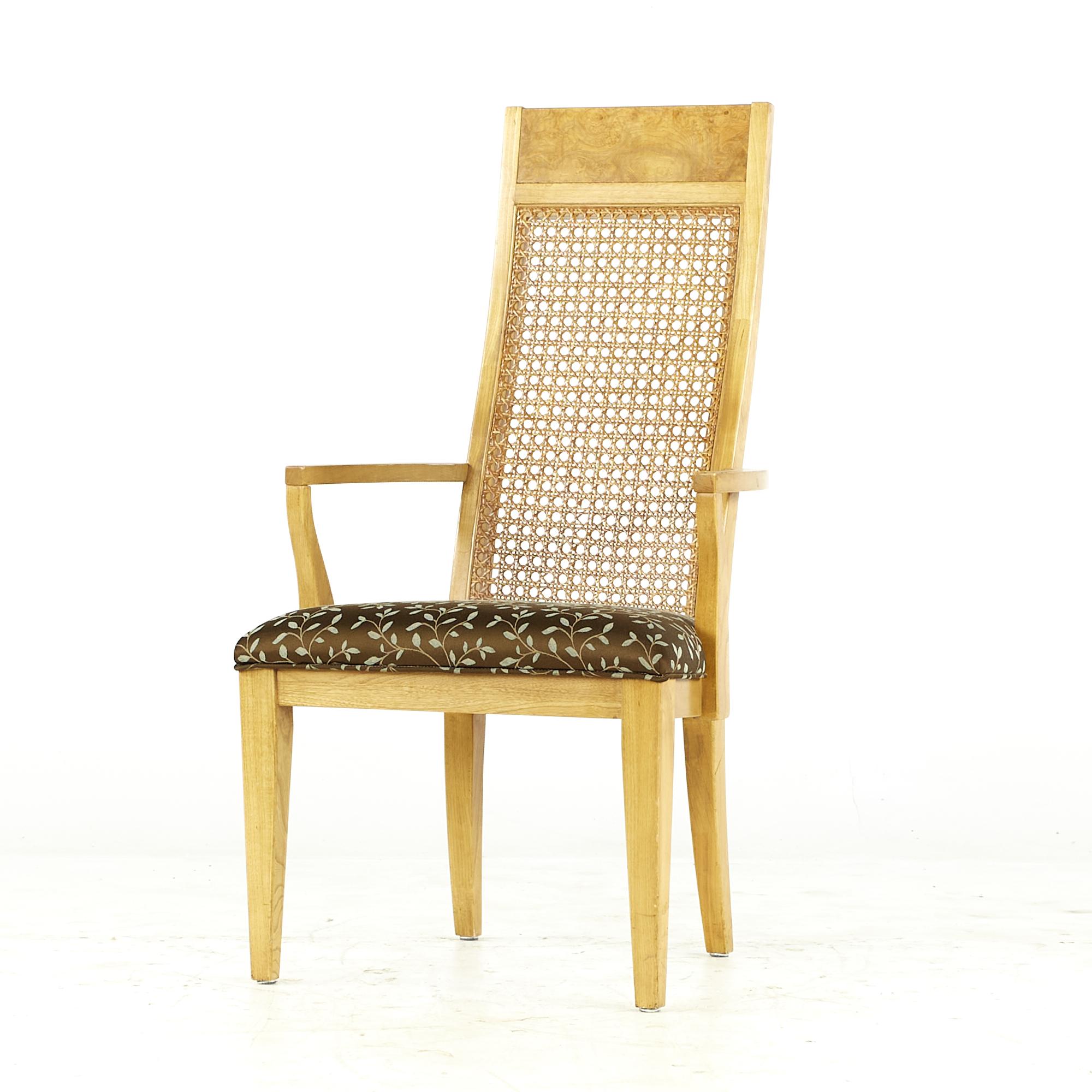 Late 20th Century Lane Midcentury Burlwood and Cane Dining Chairs, Set of 6 For Sale