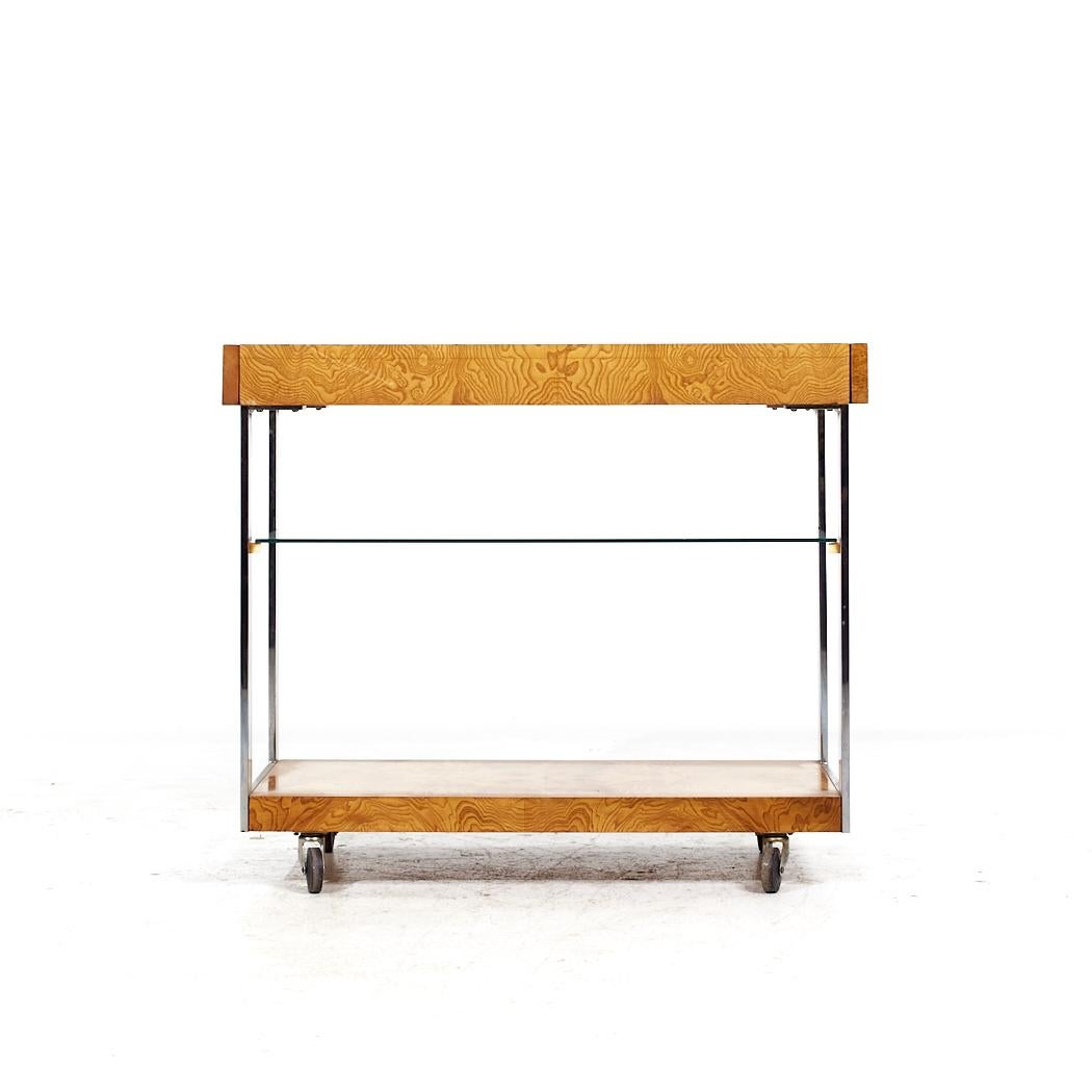 Lane Mid Century Burlwood and Chrome Serving Bar Cart

This bar cart measures: 36 wide x 18 deep x 30.5 inches high, when both drawers are extended the width is 57.75 inches

All pieces of furniture can be had in what we call restored vintage