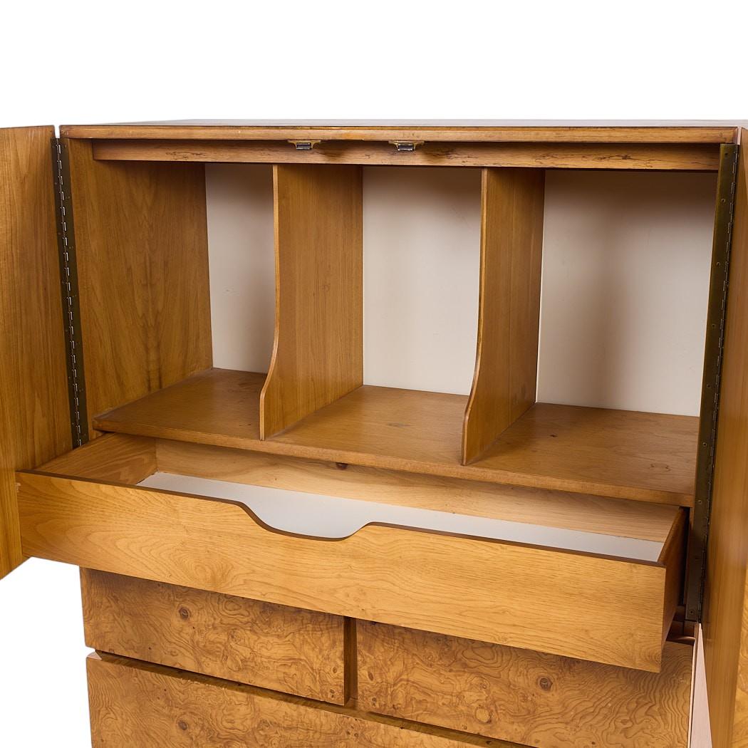 20th Century Lane Mid Century Burlwood Armoire Highboy Dresser For Sale