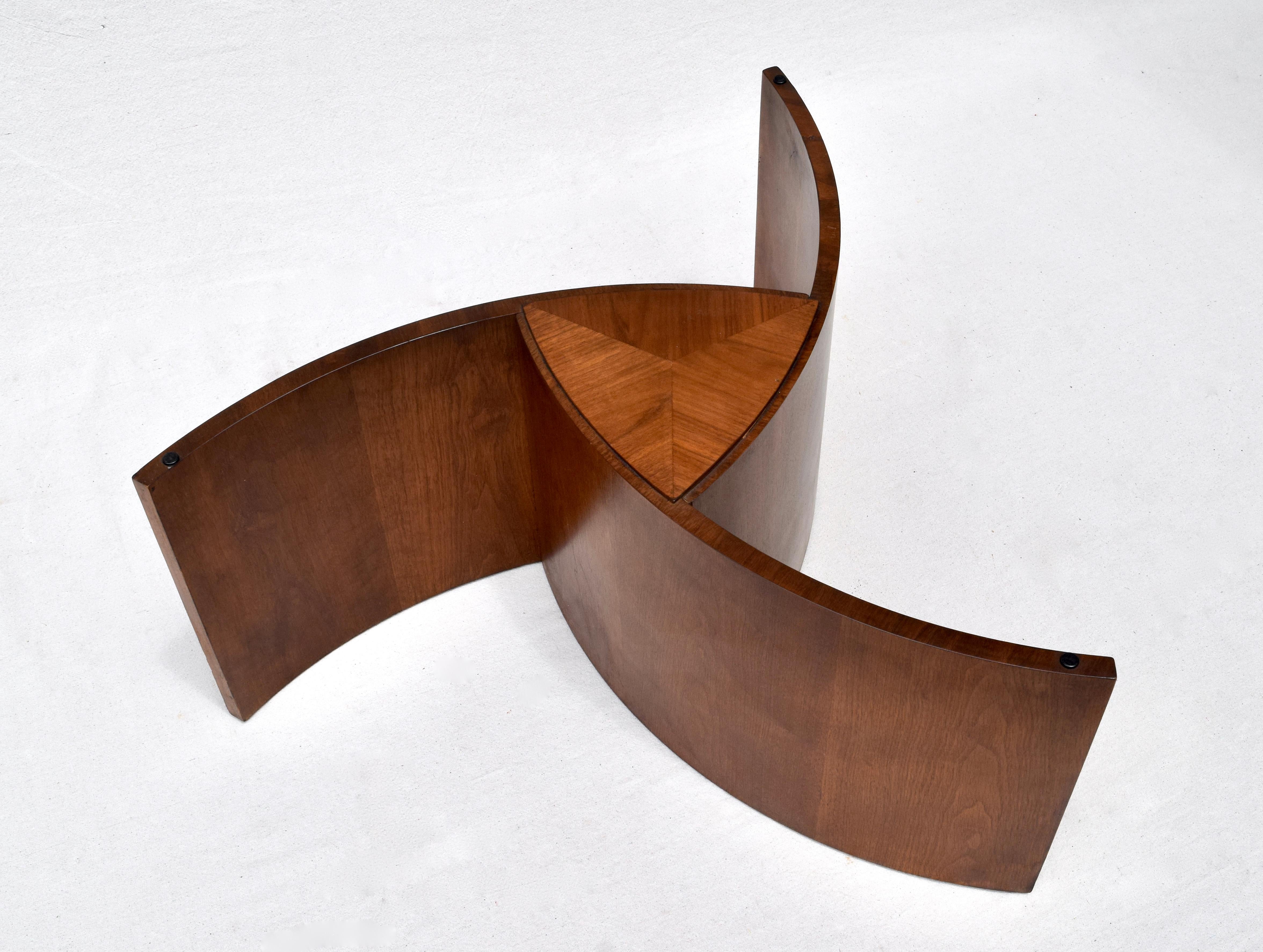 1960's mid century glass and walnut propeller base form coffee table in the manner of Vladimir Kagan designs. Warm original finish and original 5/8