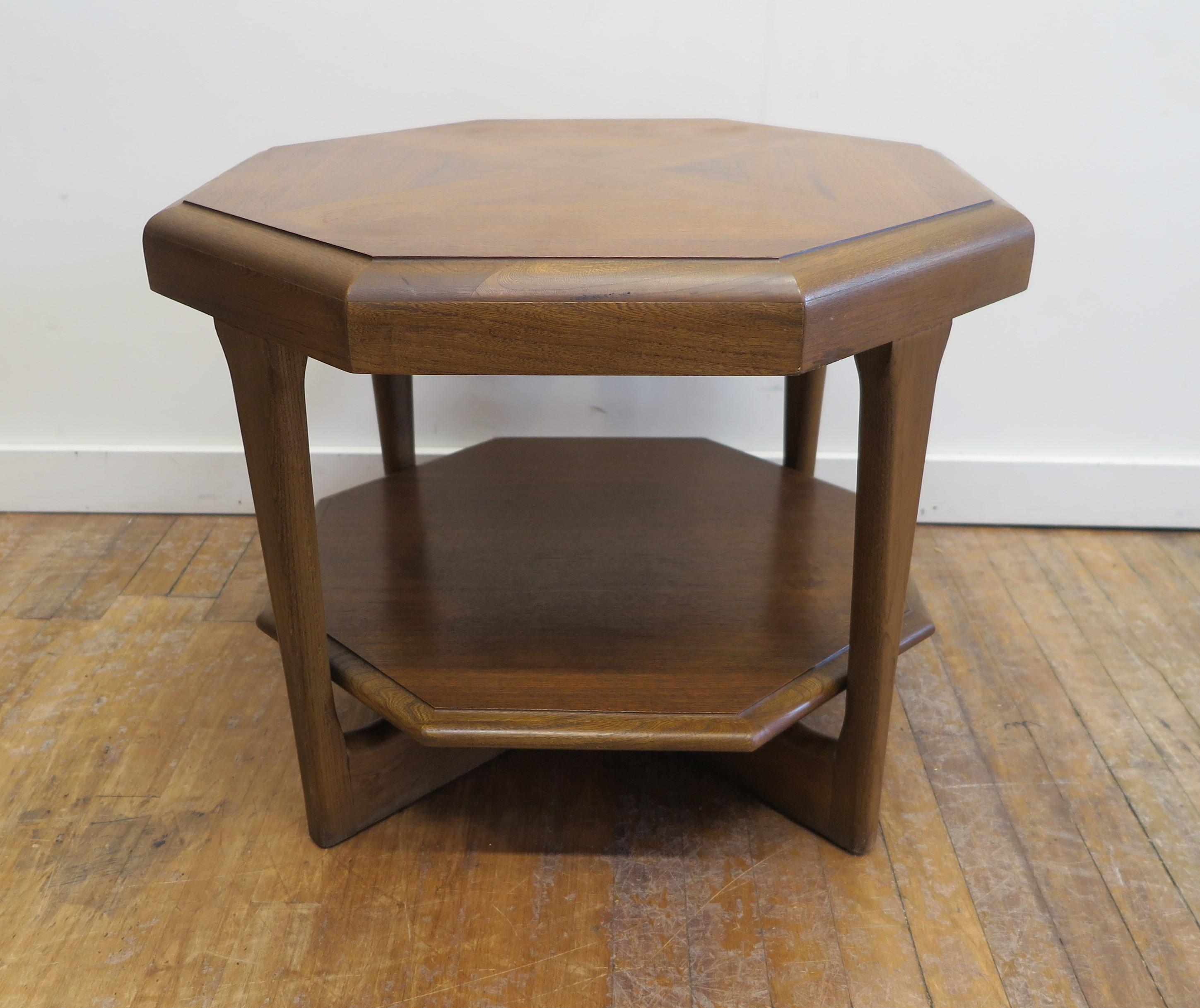 Mid-Century Modern hexagon cocktail and or end side table. Mid century walnut side table two tiered by Lane attributed design Adrian Pearsall. Walnut parquetry with x design matches the legs x base support. In good condition light sings of ware.