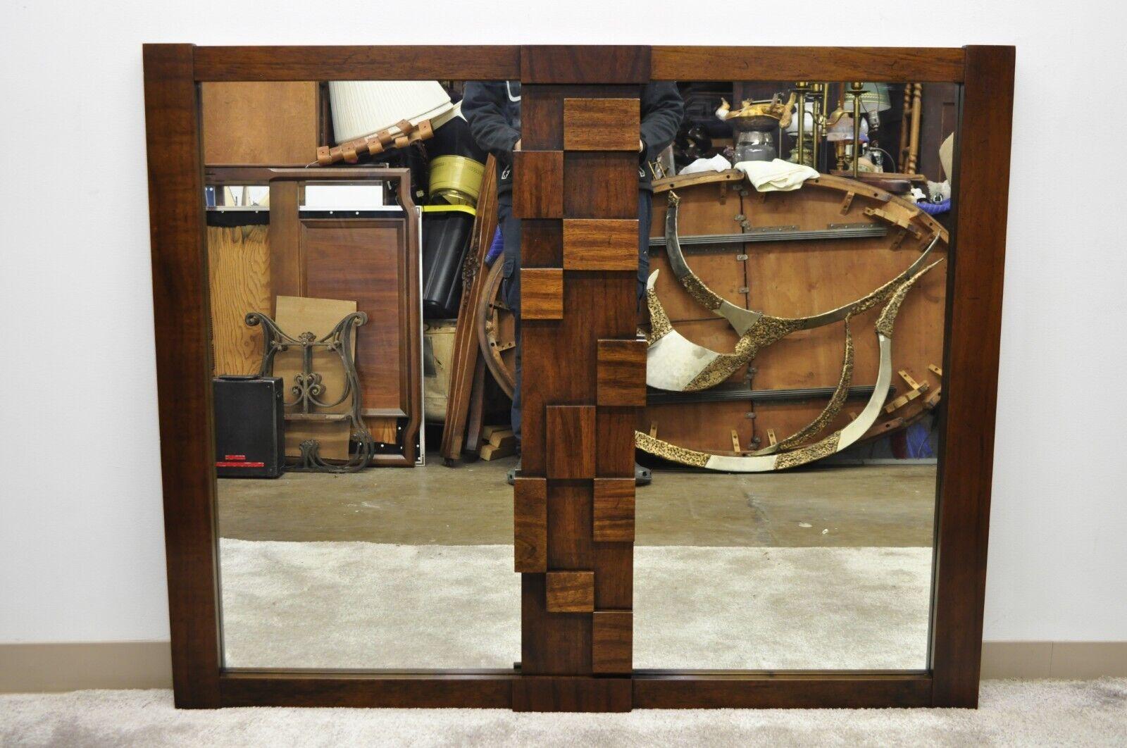 Lane Mid-Century Modern Brutalist Cubist Block Rectangular Wood Frame Mirror For Sale 8