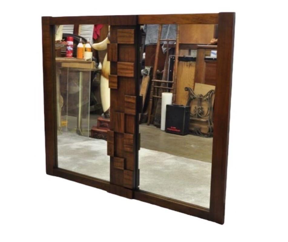 Lane Mid Century Modern Brutalist Cubist Block Rectangular Wood Frame 52” Mirror
Dimensions. 51 1/2 W; 1 1/2 D; 41 1/2 H