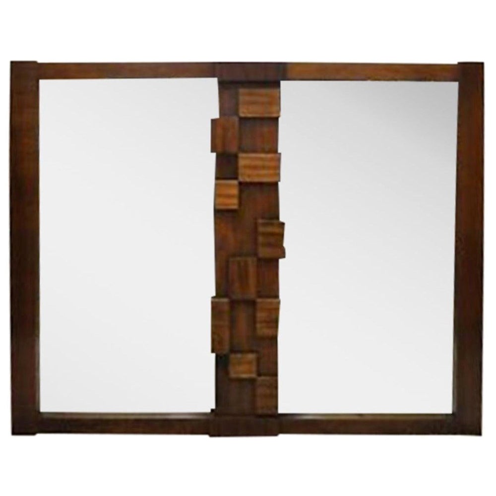 Lane Mid Century Modern Brutalist Cubist Block Rectangular Wood Frame 52" Mirror in vendita