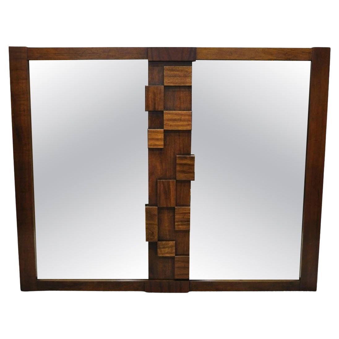 Lane Mid Century Modern Brutalist Cubist Block Rectangular Wood Frame 52" Mirror For Sale