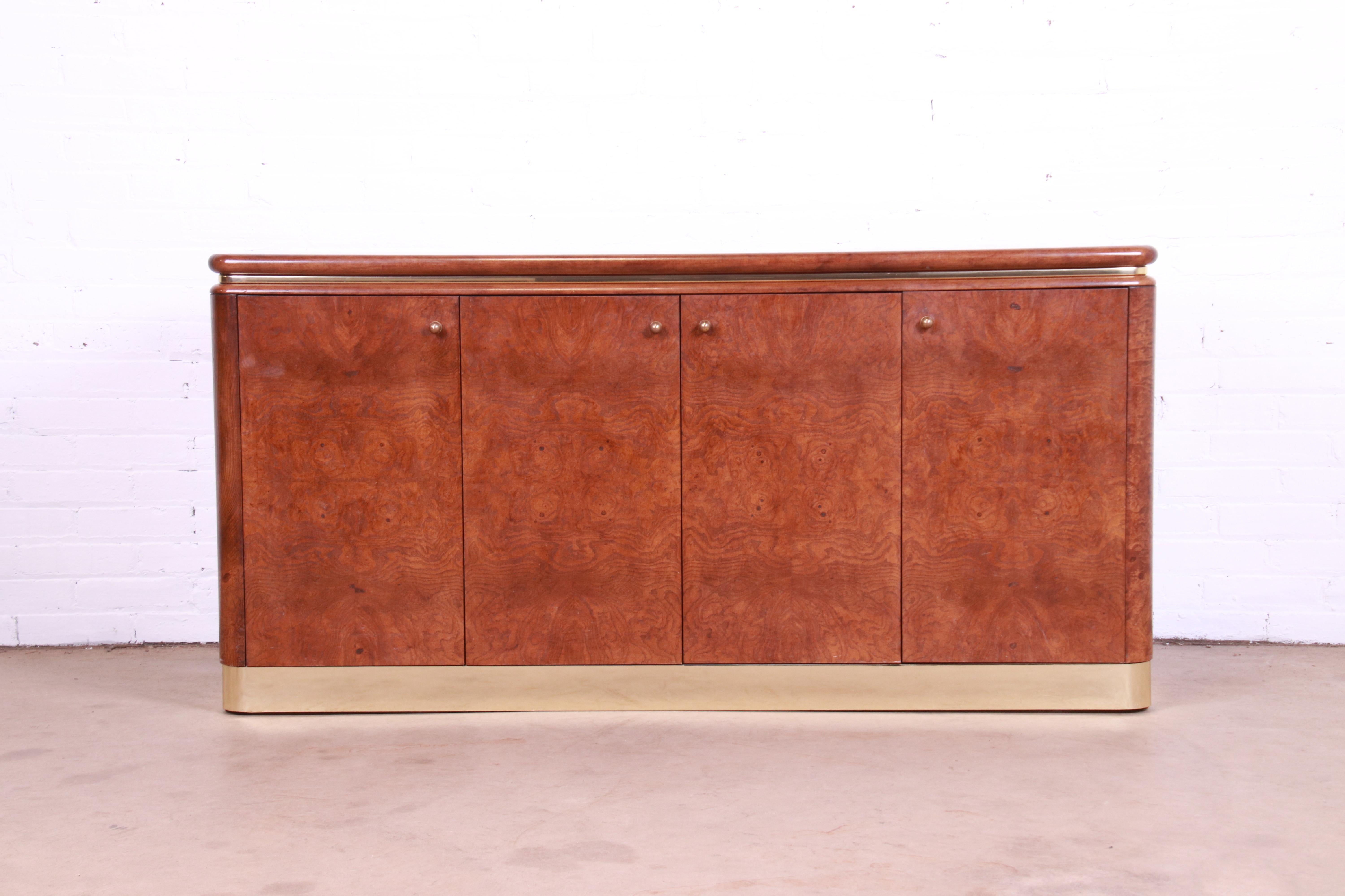 American Lane Mid-Century Modern Burl Wood and Brass Sideboard Credenza, 1970s
