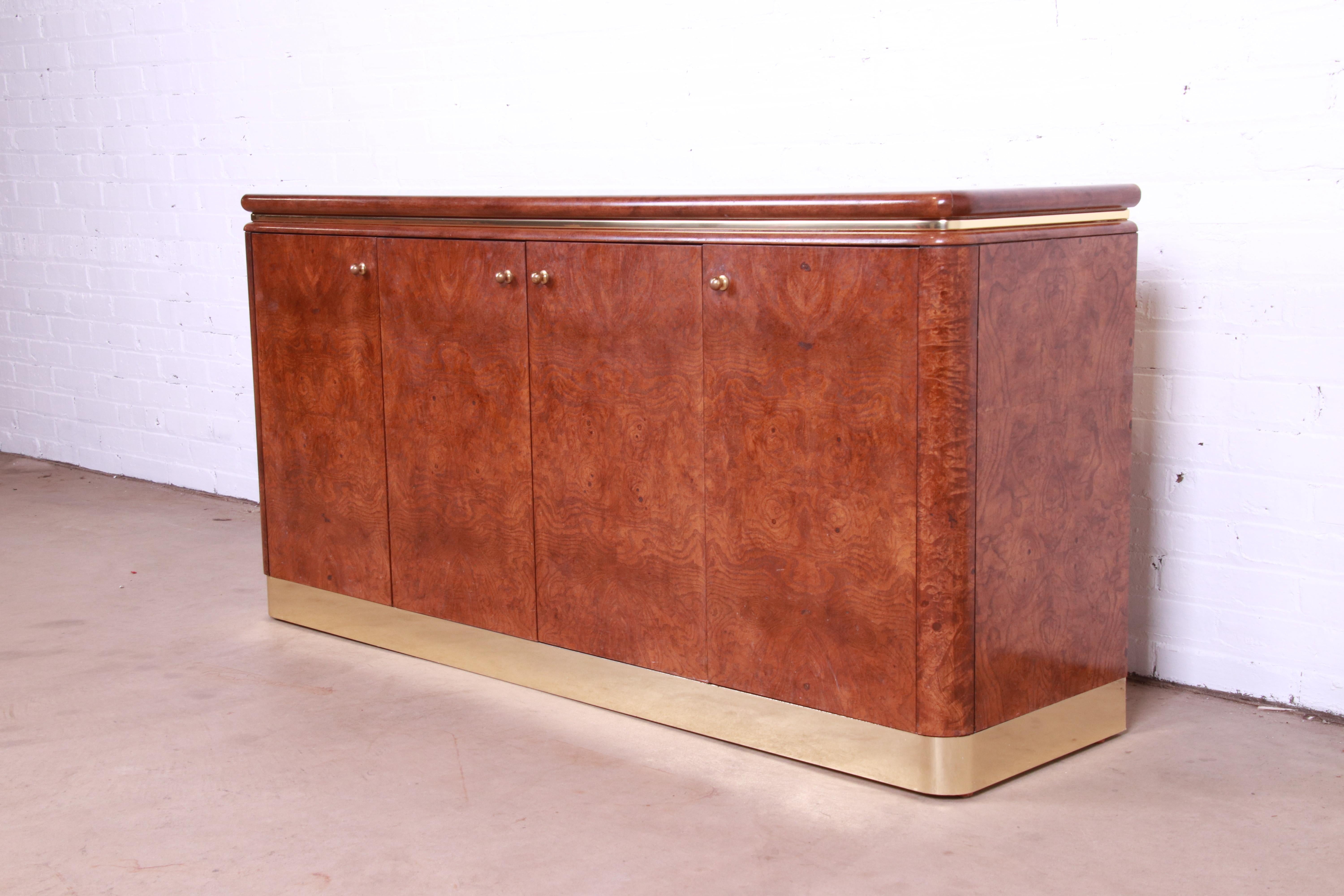 Late 20th Century Lane Mid-Century Modern Burl Wood and Brass Sideboard Credenza, 1970s