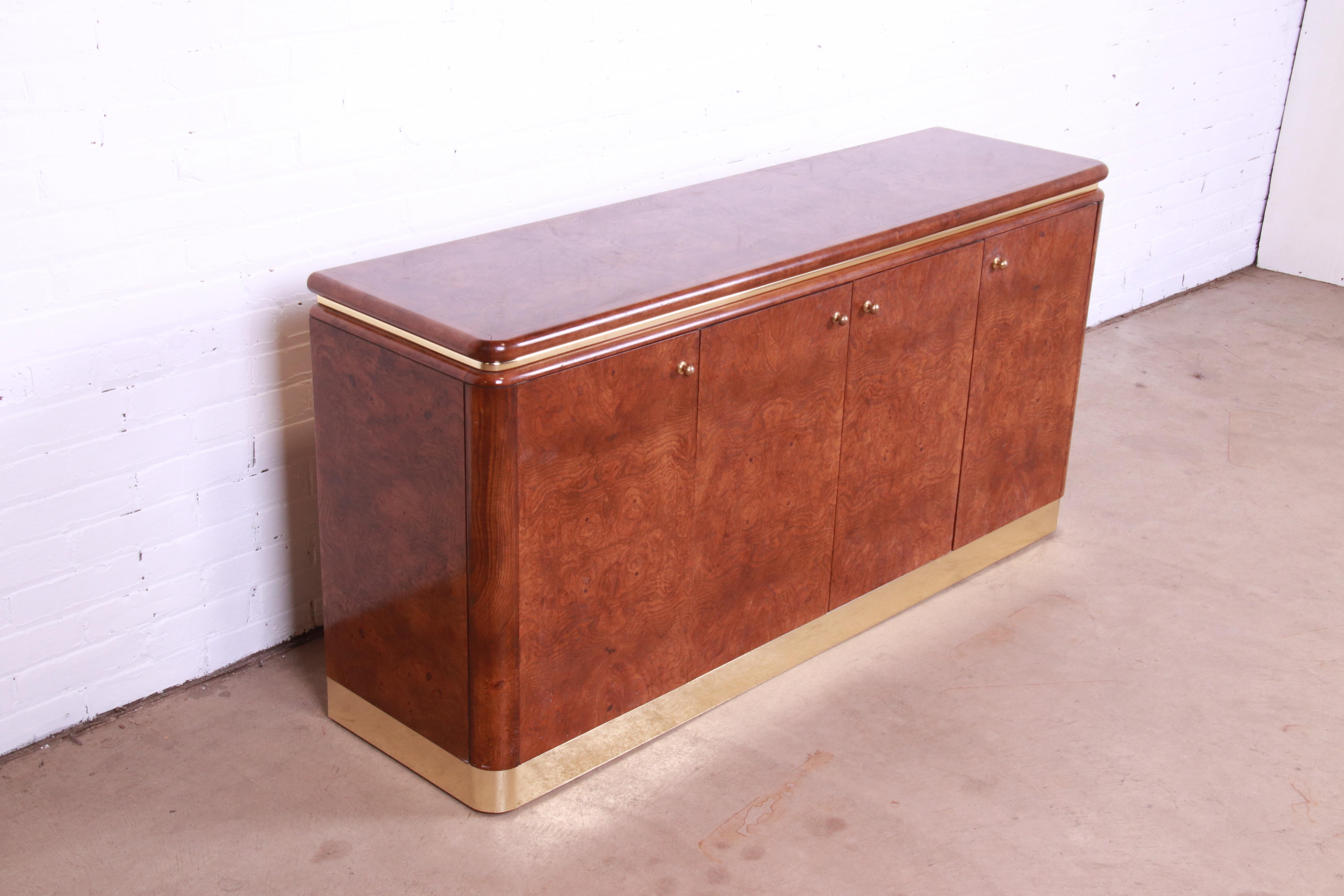 Lane Mid-Century Modern Burl Wood and Brass Sideboard Credenza, 1970s 1