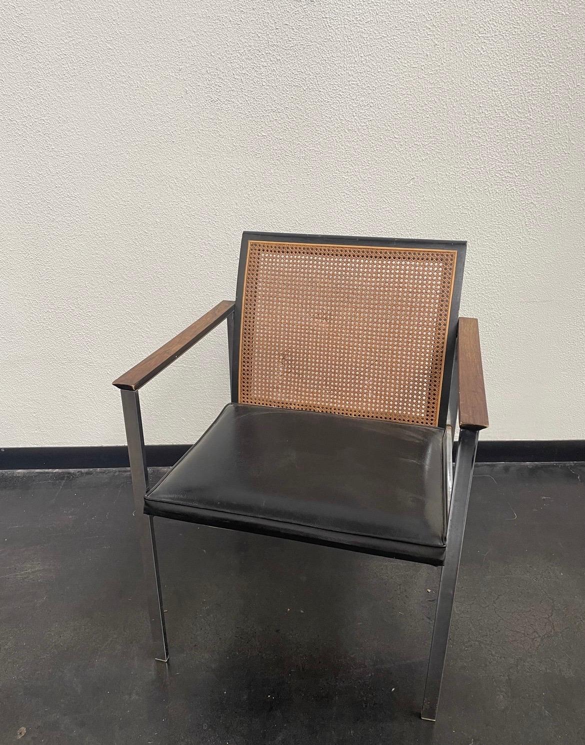 Rare Lane Furniture Mid-Century Modern chair with chrome frame, black vinyl seat, and cane back.