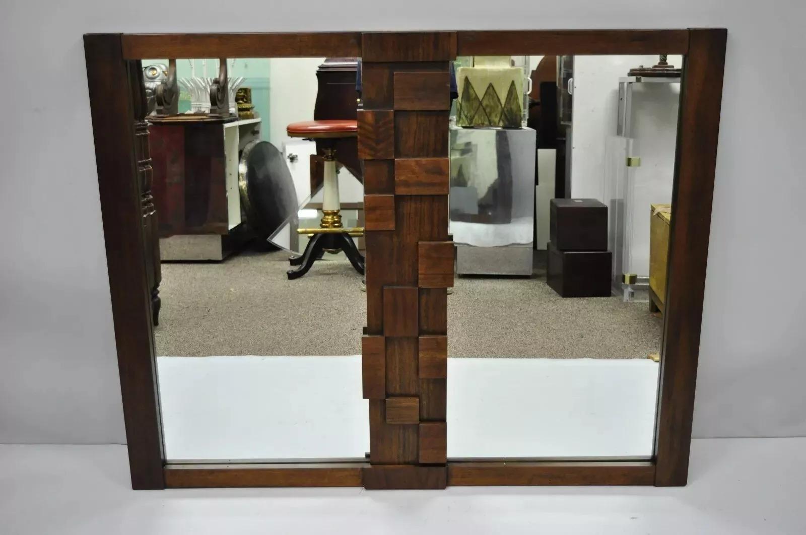 Lane Mid Century Modern Geometric Wood Block Brutalist Double Wall Mirror For Sale 4