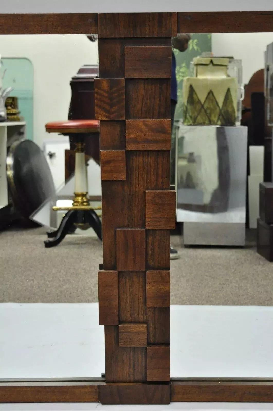 Vintage Lane Mid Century Modern Geometric Wood Block Brutalist Double Wall Mirror. Item features, beautiful wood grain, serial number #3378001, great style and form. Circa Mid 20th Century. Measurements: 41.5