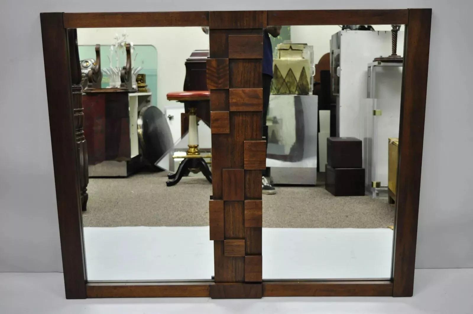 Unknown Lane Mid Century Modern Geometric Wood Block Brutalist Double Wall Mirror For Sale