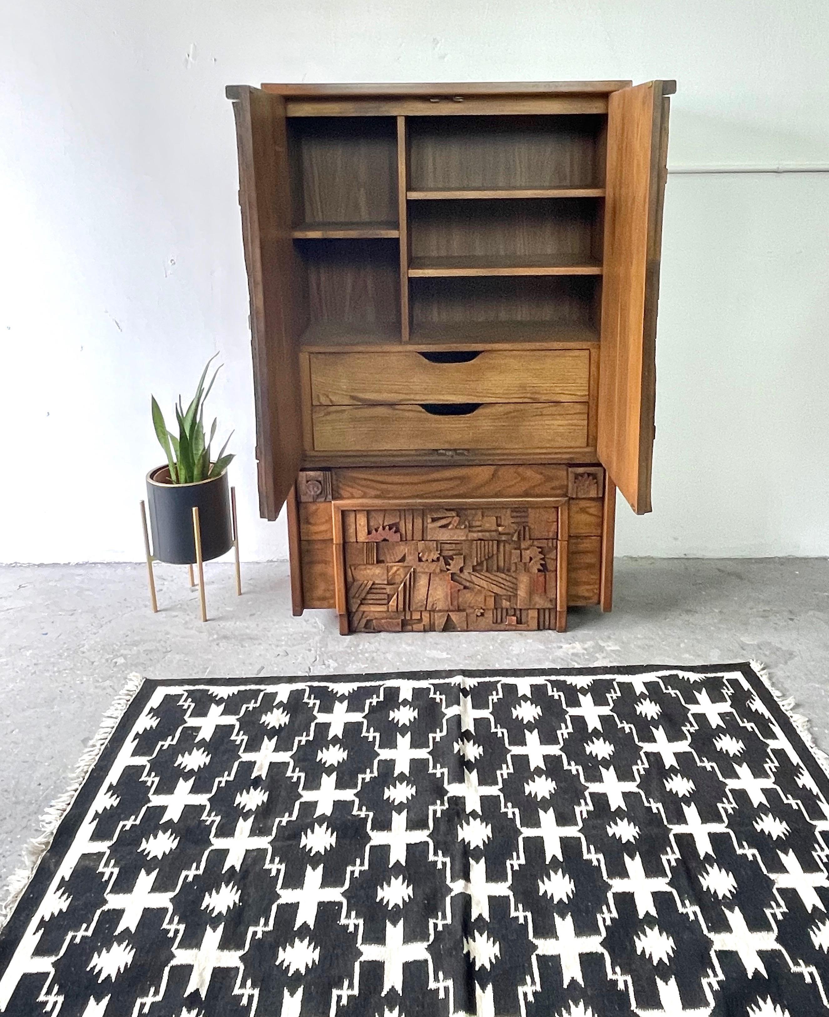Late 20th Century Lane Mid-Century Modern Pueblo Brutalist Armoire Dresser Paul Evens Style