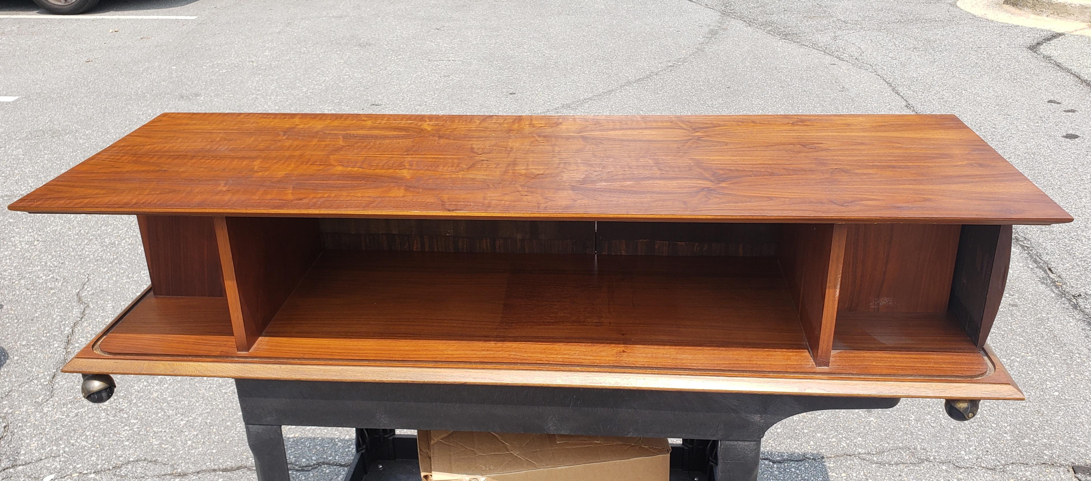 Stained Lane Mid-Century Modern Style Teak And Tambour Door Base Rolling Coffee Table For Sale
