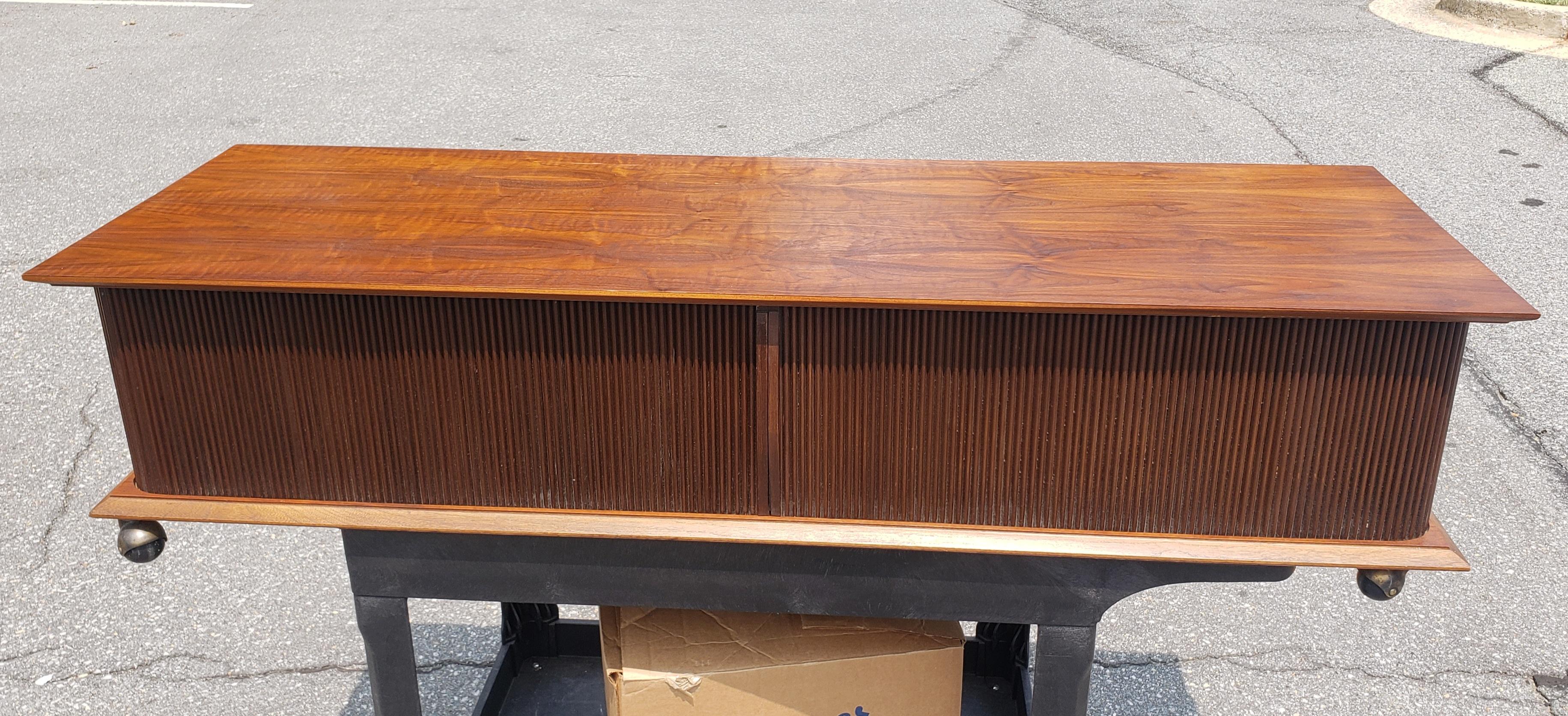 20th Century Lane Mid-Century Modern Style Teak And Tambour Door Base Rolling Coffee Table For Sale