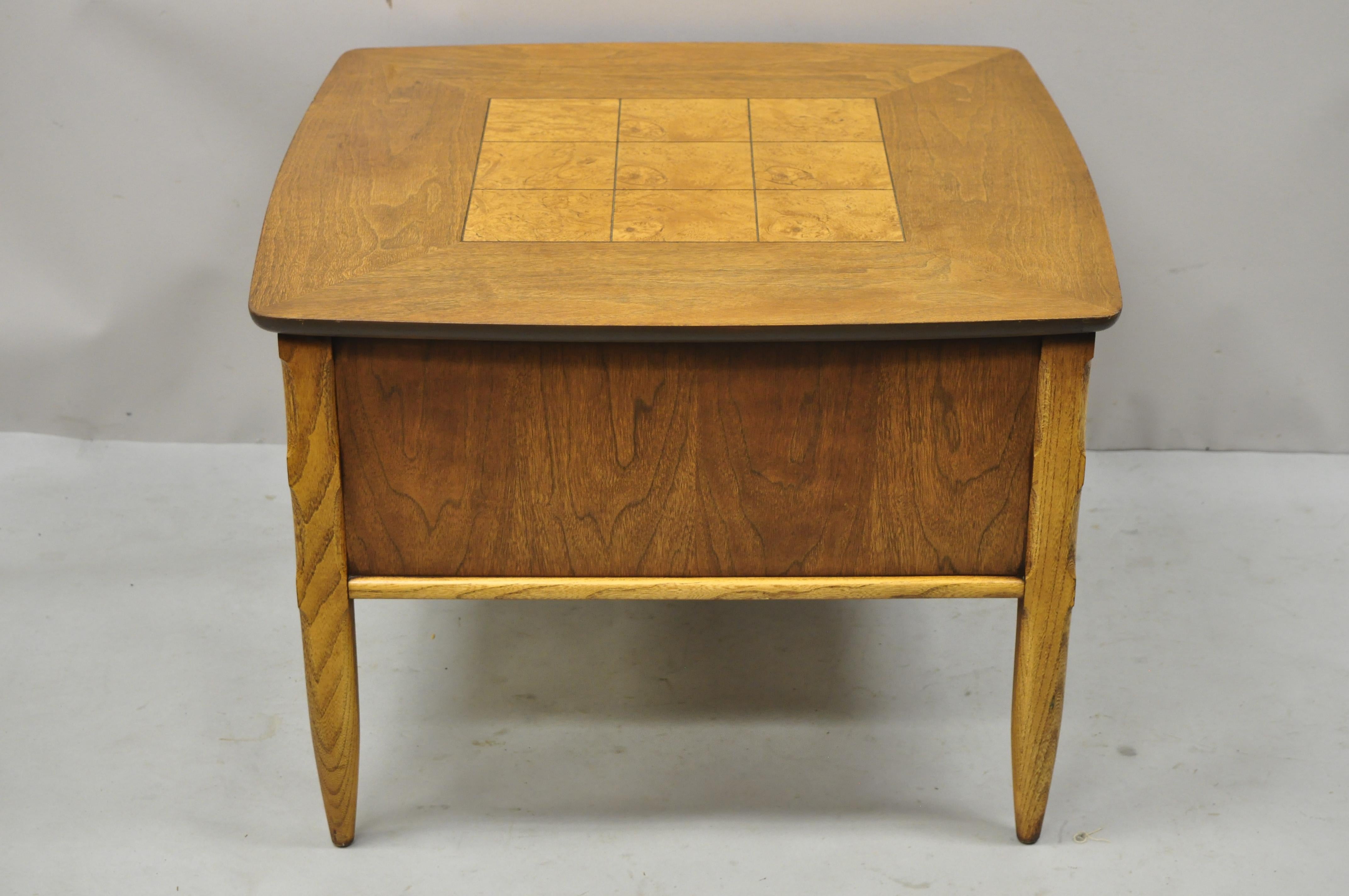 Lane Mid-Century Modern Walnut 2 Drawer Lamp End Table with Burlwood Inlay Top For Sale 6