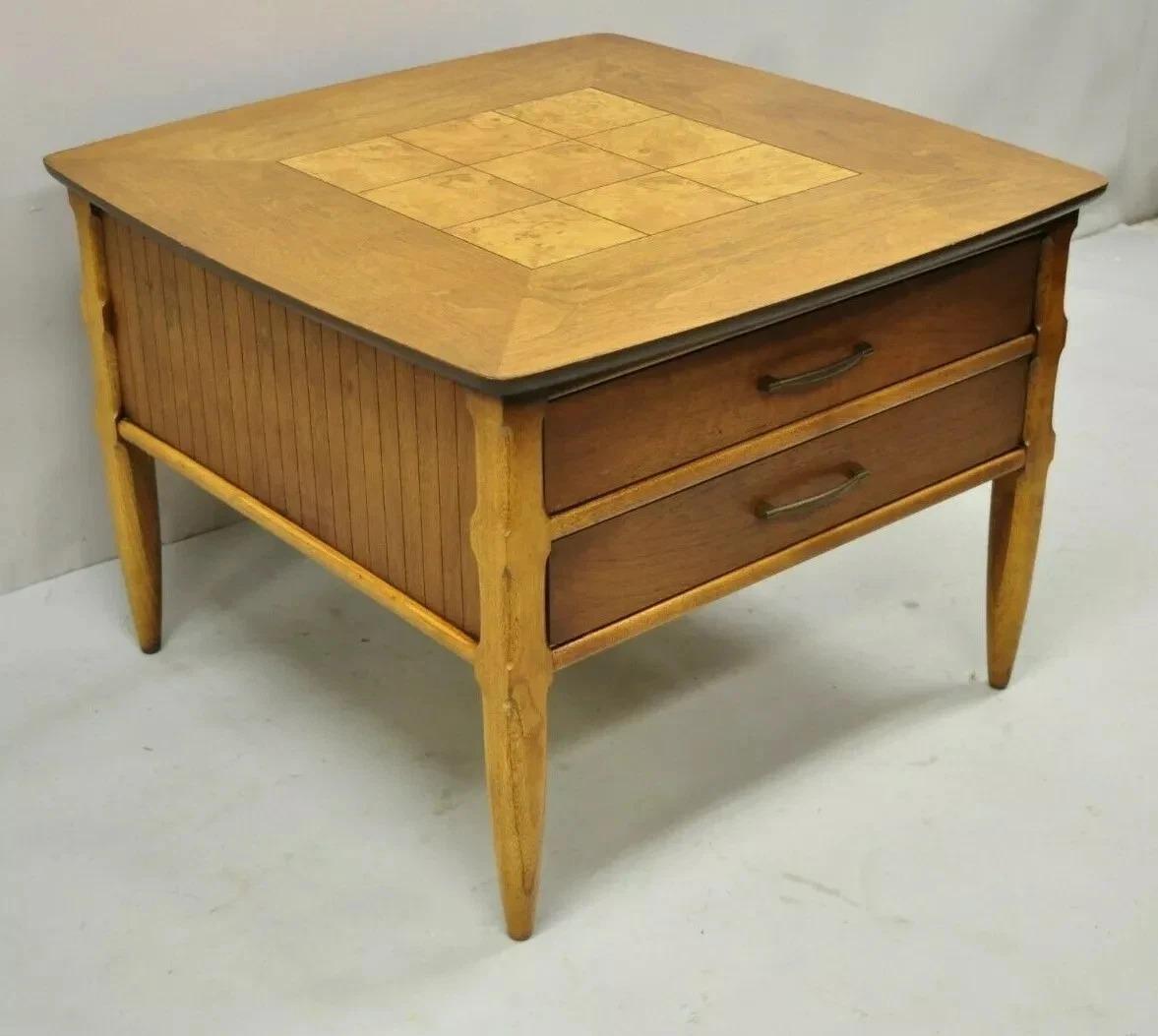 Lane Mid Century Modern Walnut 2 Drawer Lamp End Table with Burlwood Inlay Top For Sale 6