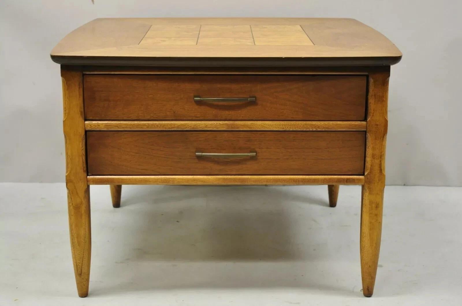 Unknown Lane Mid Century Modern Walnut 2 Drawer Lamp End Table with Burlwood Inlay Top For Sale