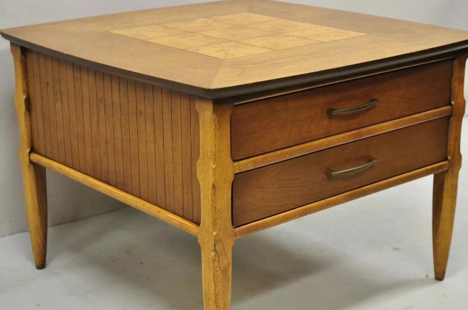 20th Century Lane Mid Century Modern Walnut 2 Drawer Lamp End Table with Burlwood Inlay Top For Sale