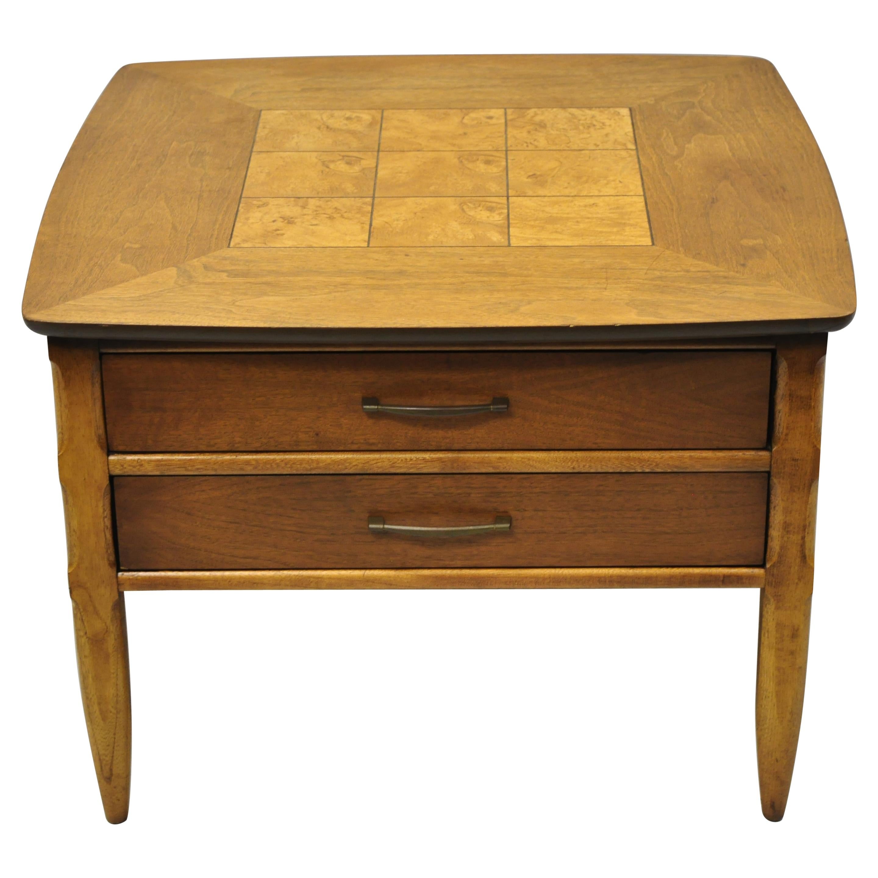 Lane Mid-Century Modern Walnut 2 Drawer Lamp End Table with Burlwood Inlay Top For Sale