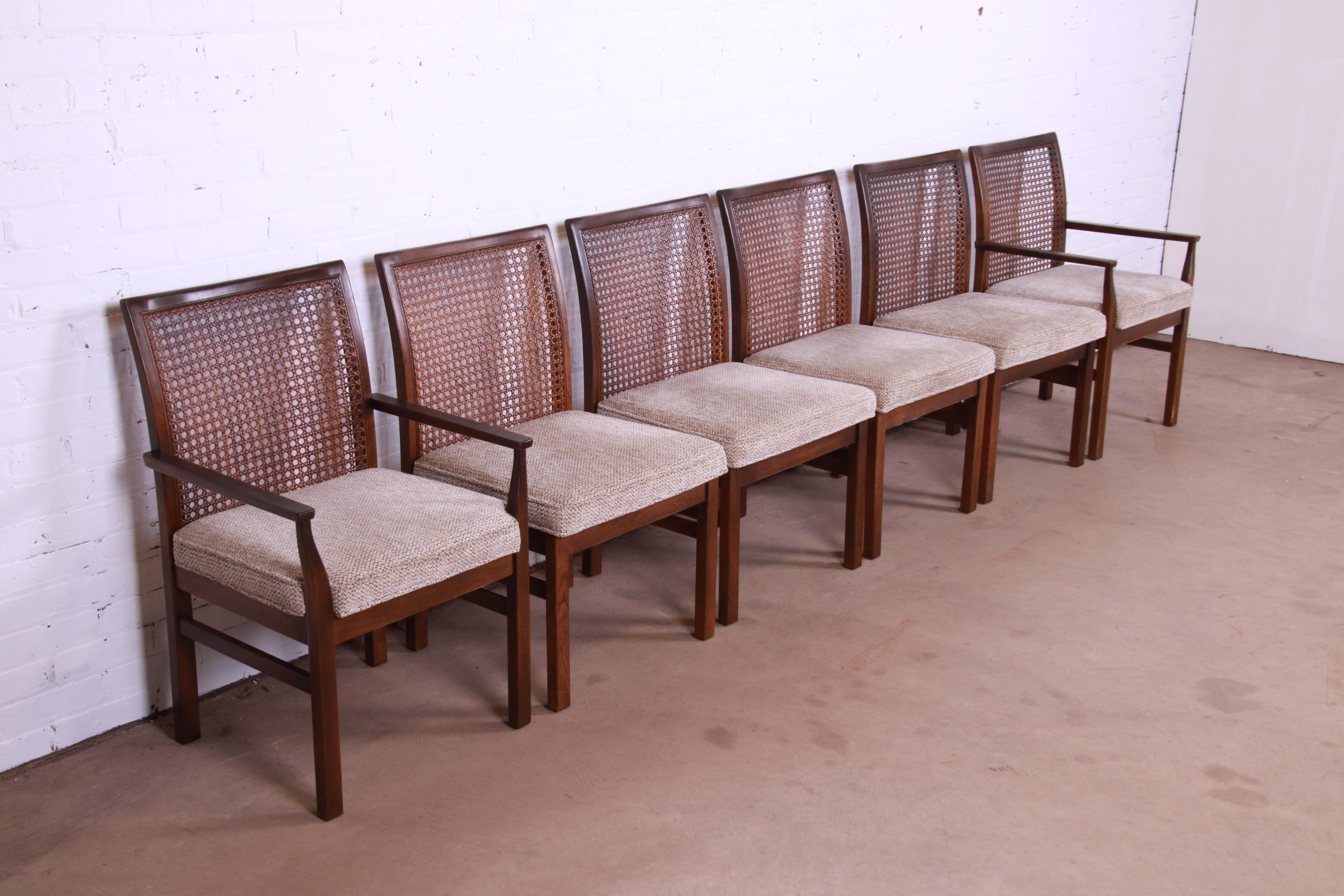 Upholstery Lane Mid-Century Modern Walnut and Cane Dining Chairs, Set of Six