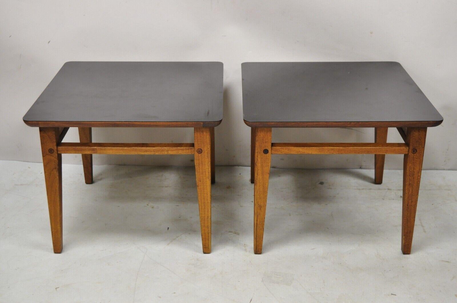 Lane Mid-Century Modern Walnut Black Laminate Top Low Side End Tables, Pair 7